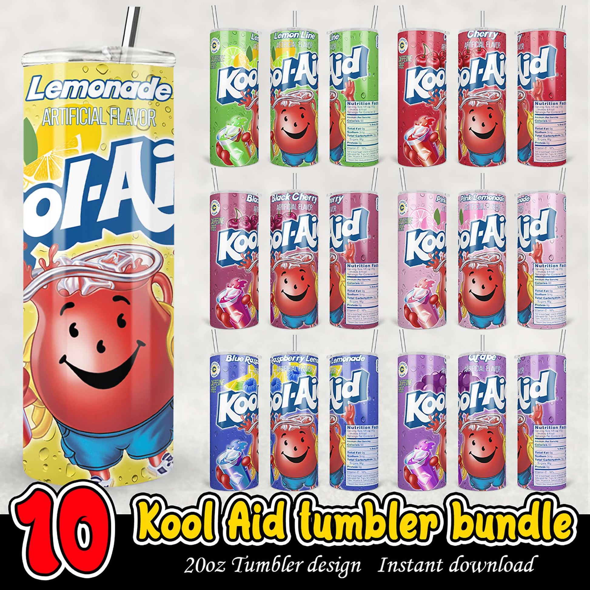 10 Kool-Aid Tumbler Designs PNG Bundle
