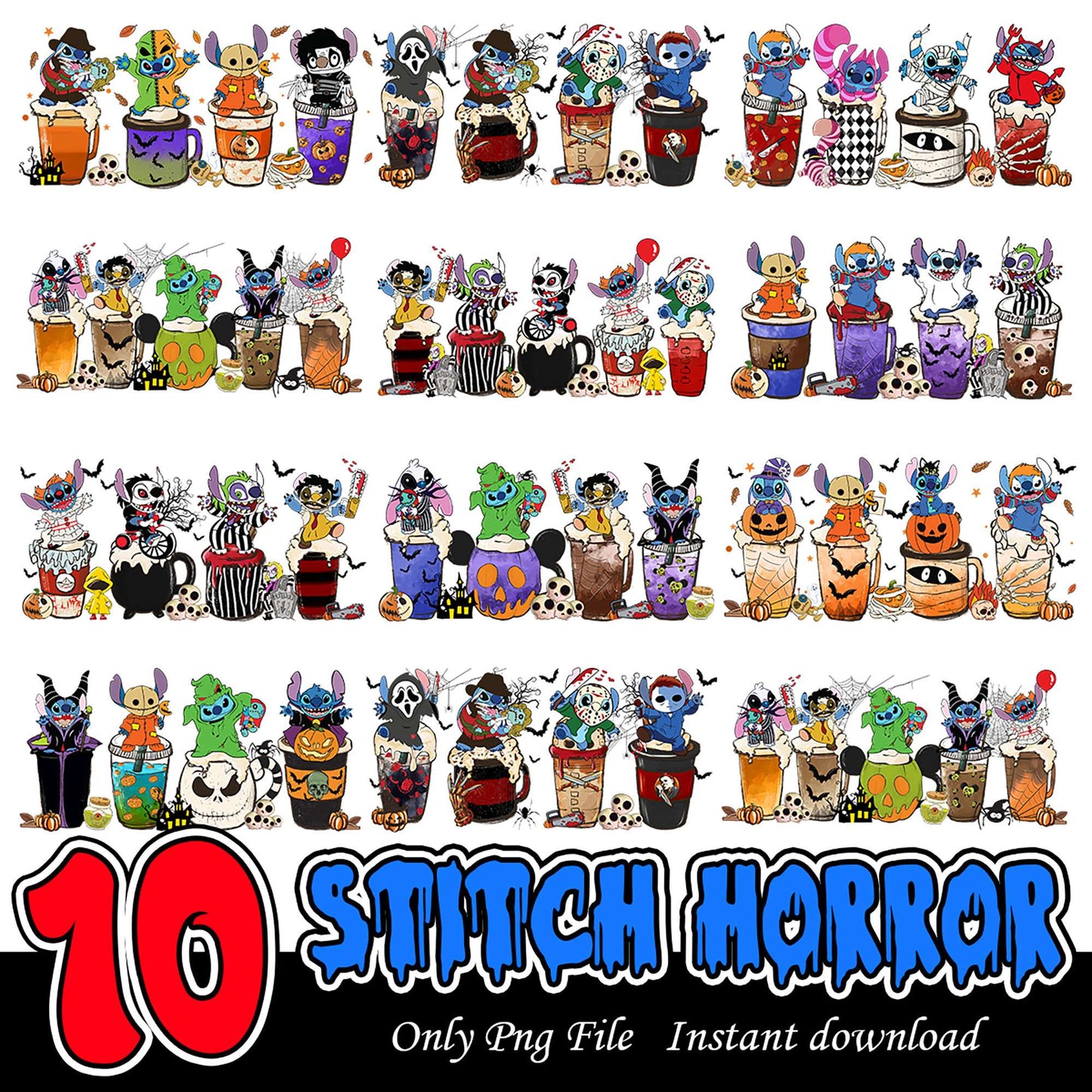 10 Stitch Horror Bundle PNG Digital Download for Crafting