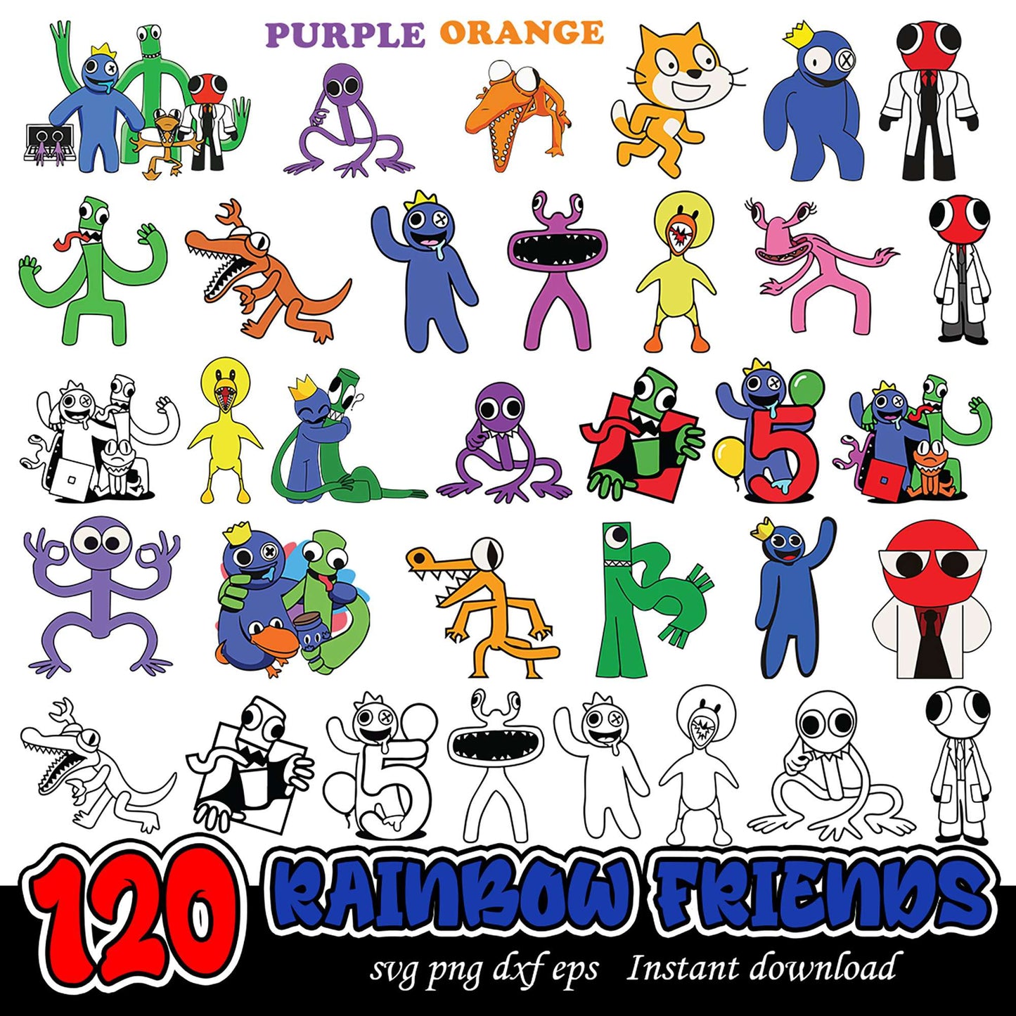 120 Rainbow Friends SVG Bundle for Instant Download Fun Art