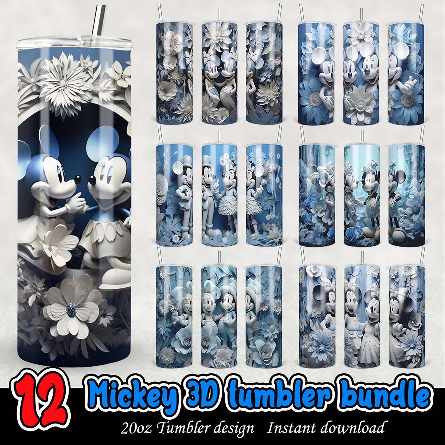 12 Mickey 3D Tumbler Bundle with Floral Designs PNG Download