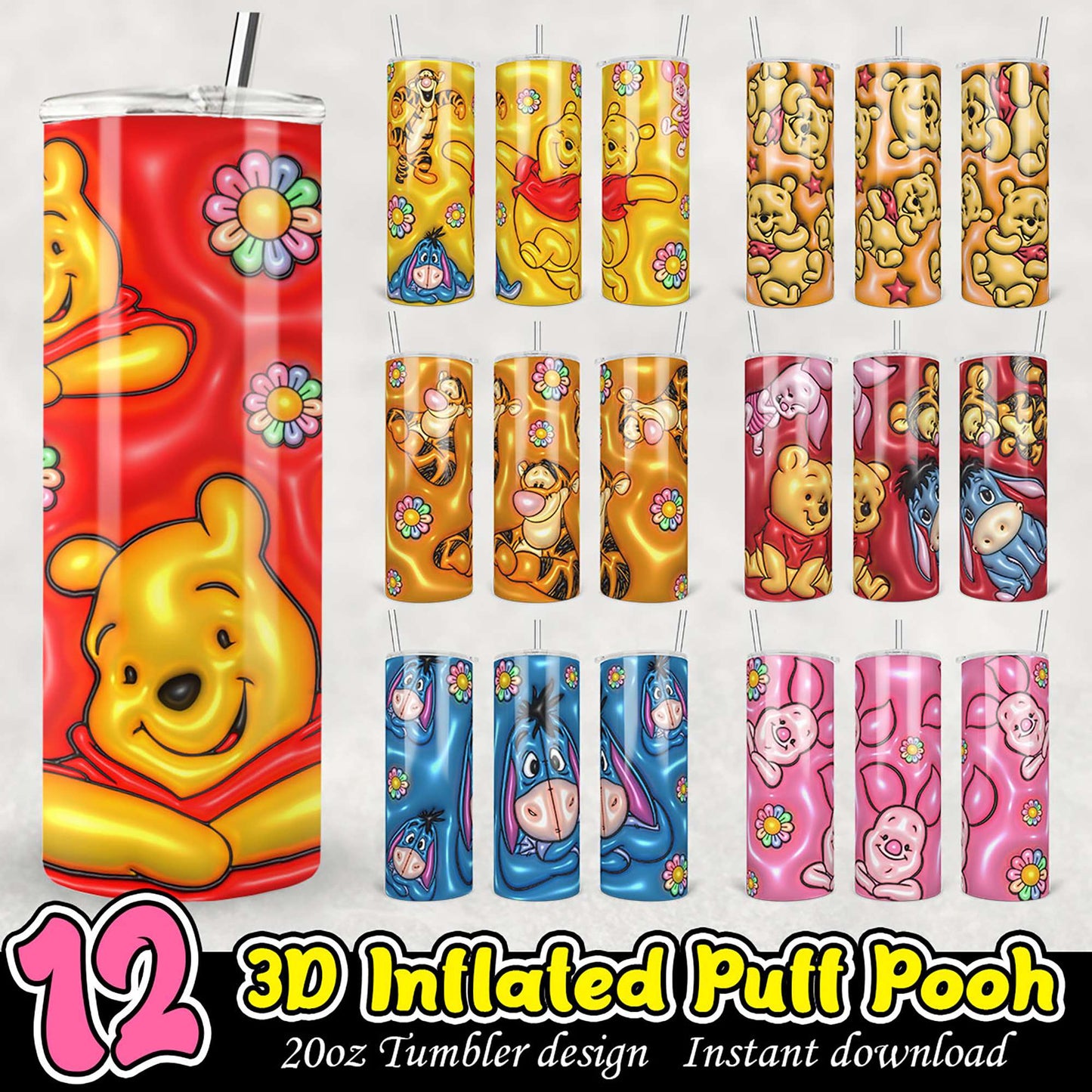 12 Pooh 3D Inflated Puff Tumbler Designs