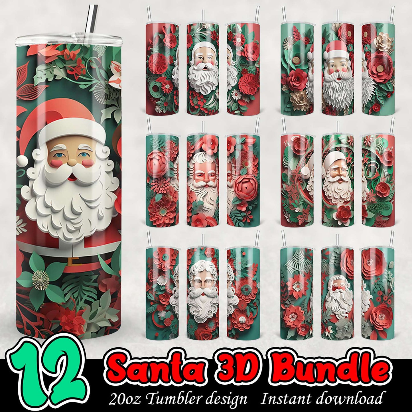 12 Santa 3D Tumbler Designs PNG Bundle