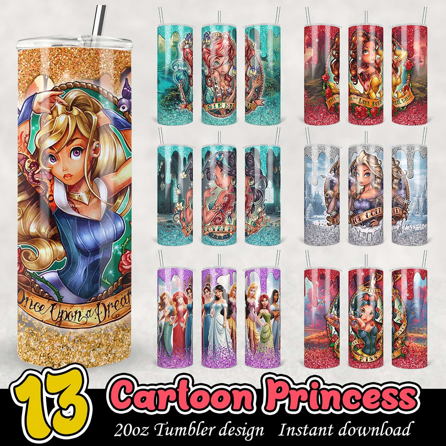 13 Cartoon Princess Tumbler Designs