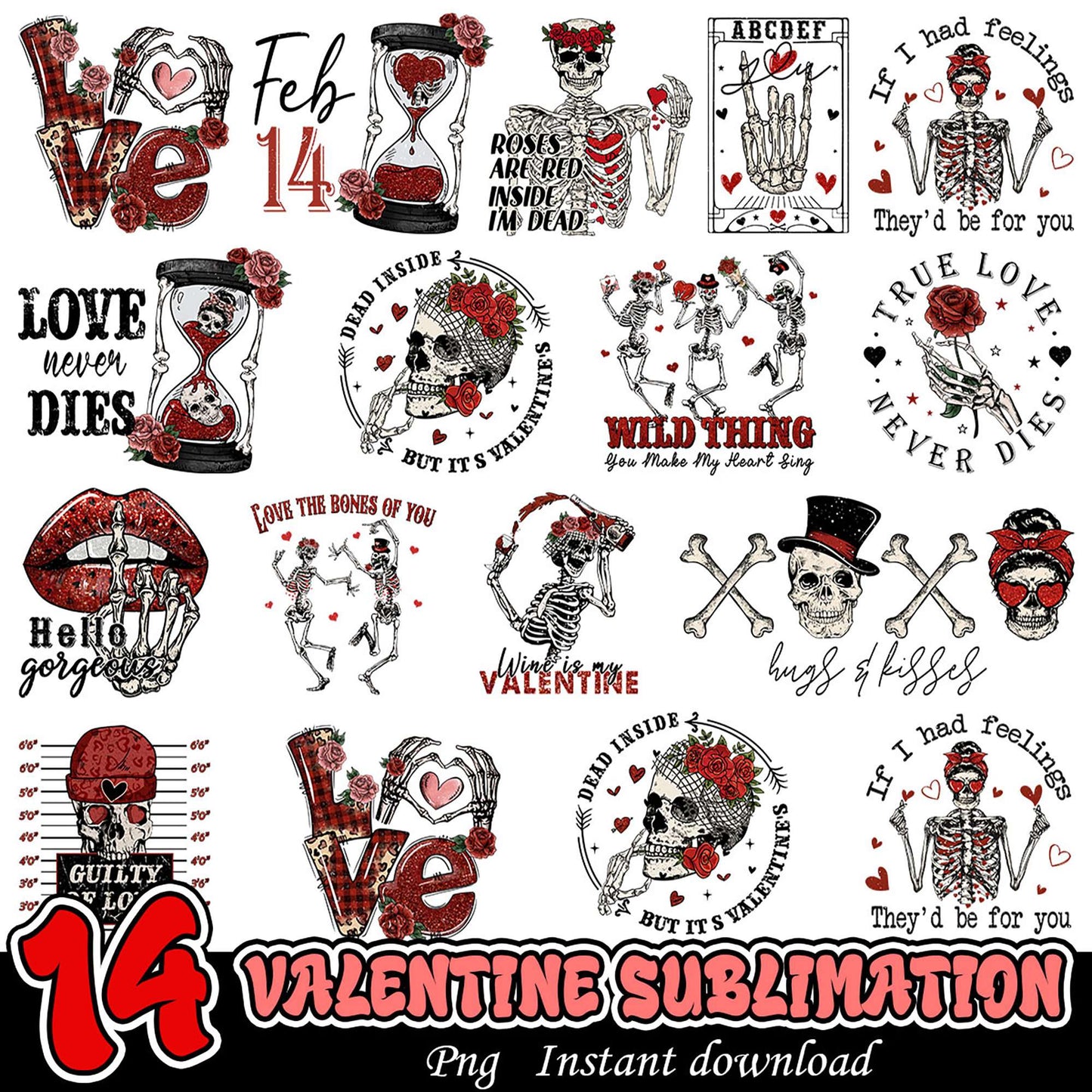 14 Valentine Skull PNG Sublimation Designs