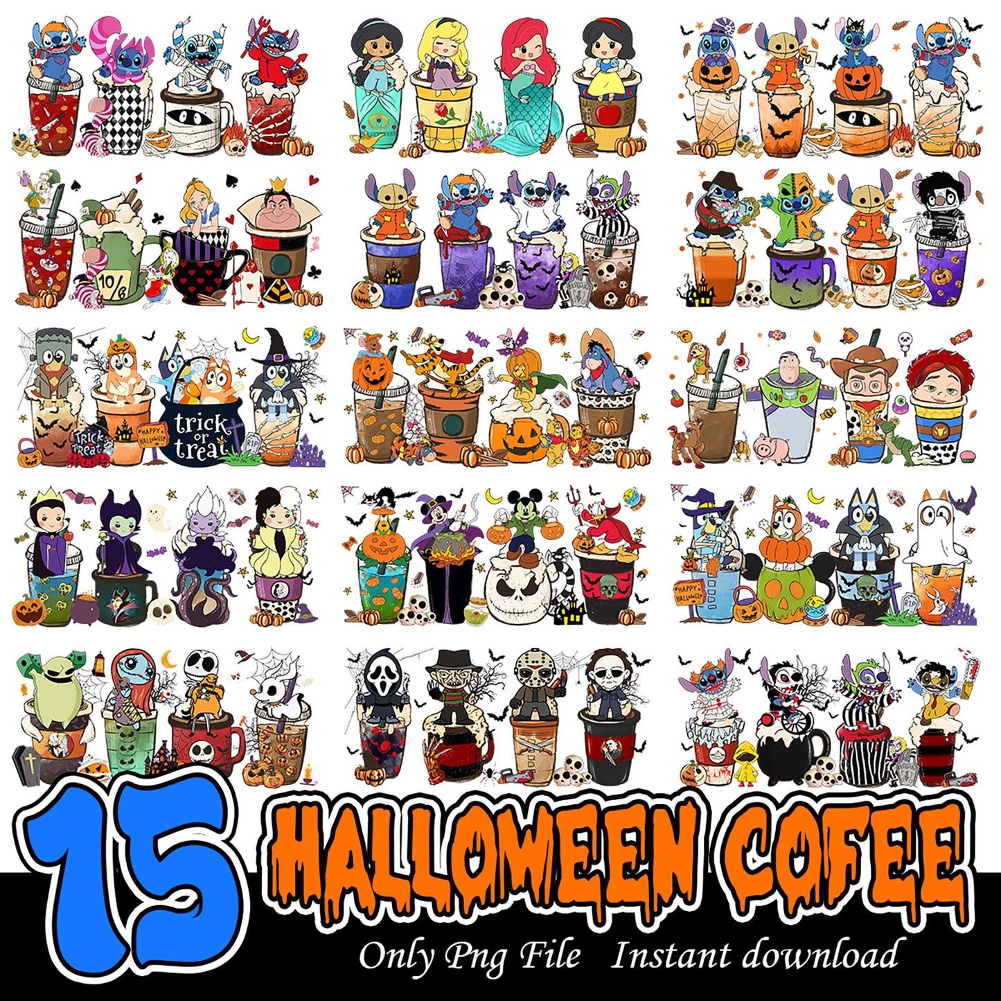 15 Halloween Coffee Png Bundle for Instant Download Fun