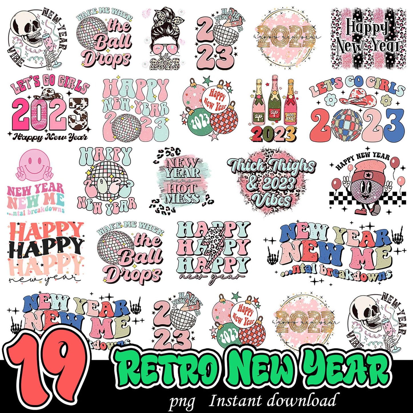 19 Retro New Year PNG Designs