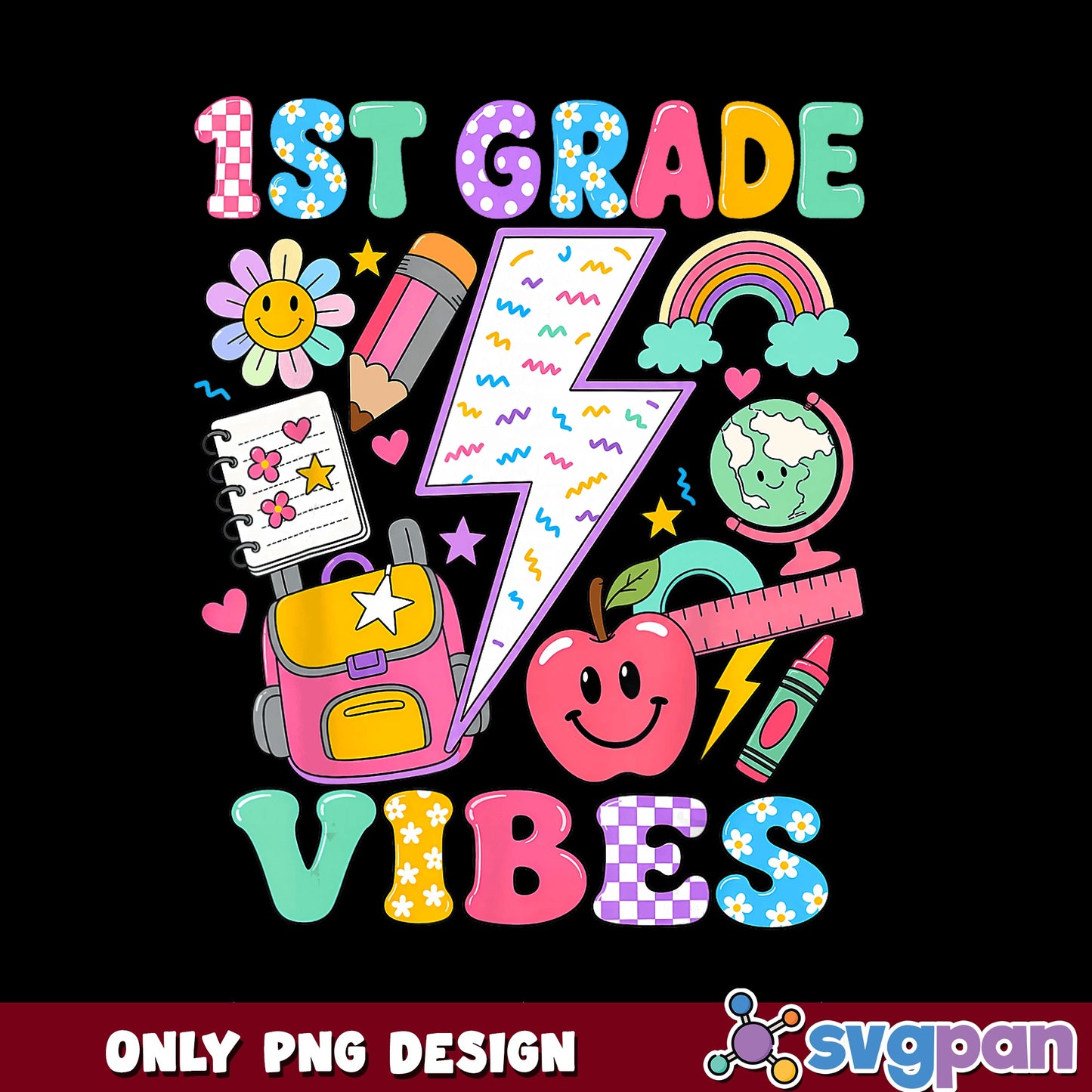 1st Grade Vibes Retro PNG, School Supplies PNG, Teacher PNG