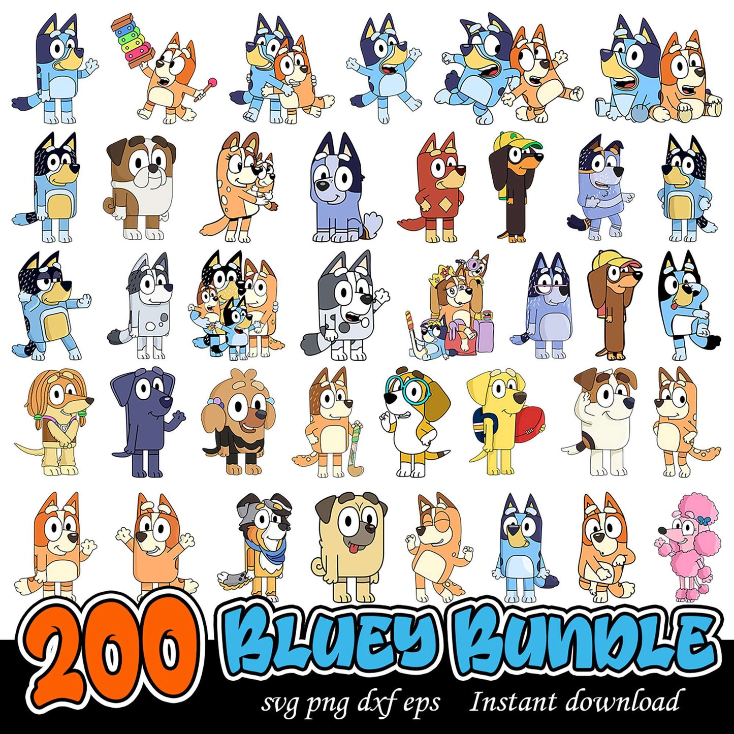 200 Bluey Character Bundle SVG PNG DXF EPS Files Download