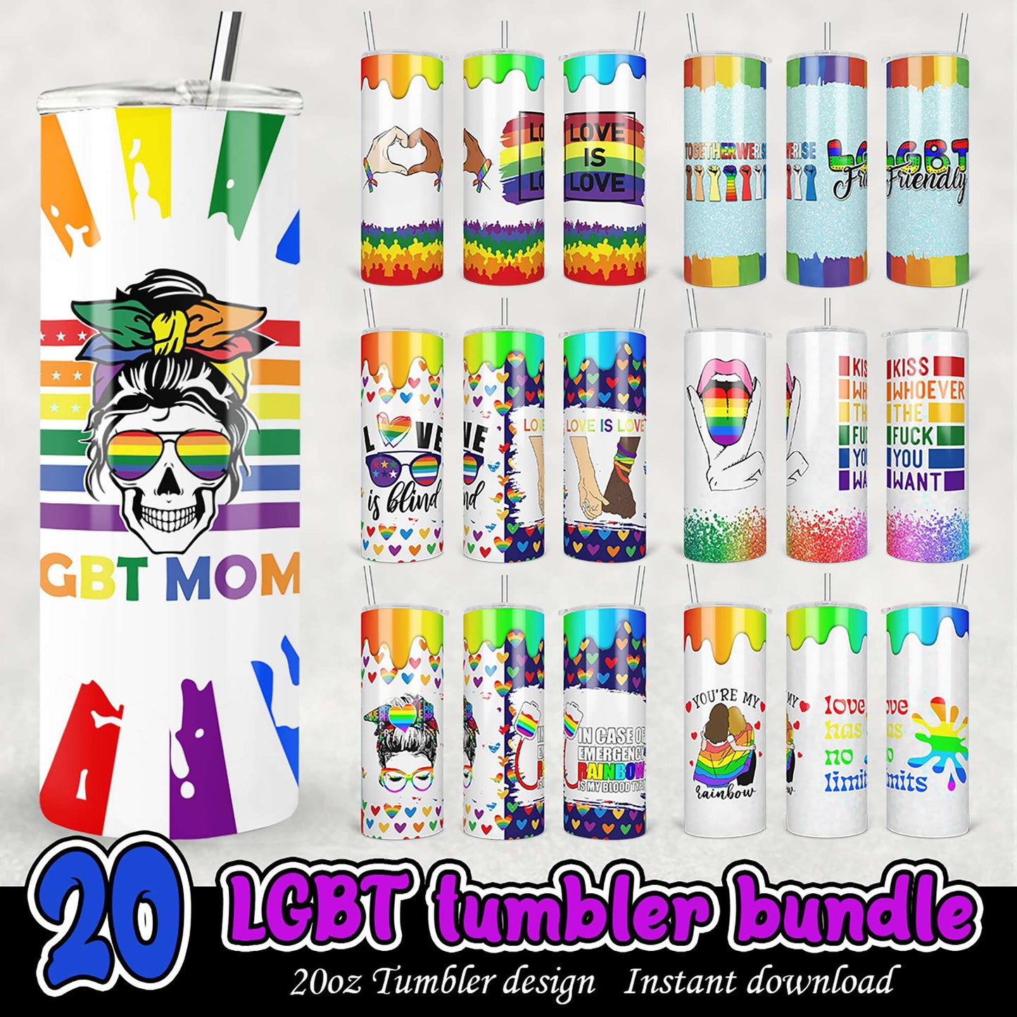 20 LGBT Pride Tumbler Designs PNG Bundle