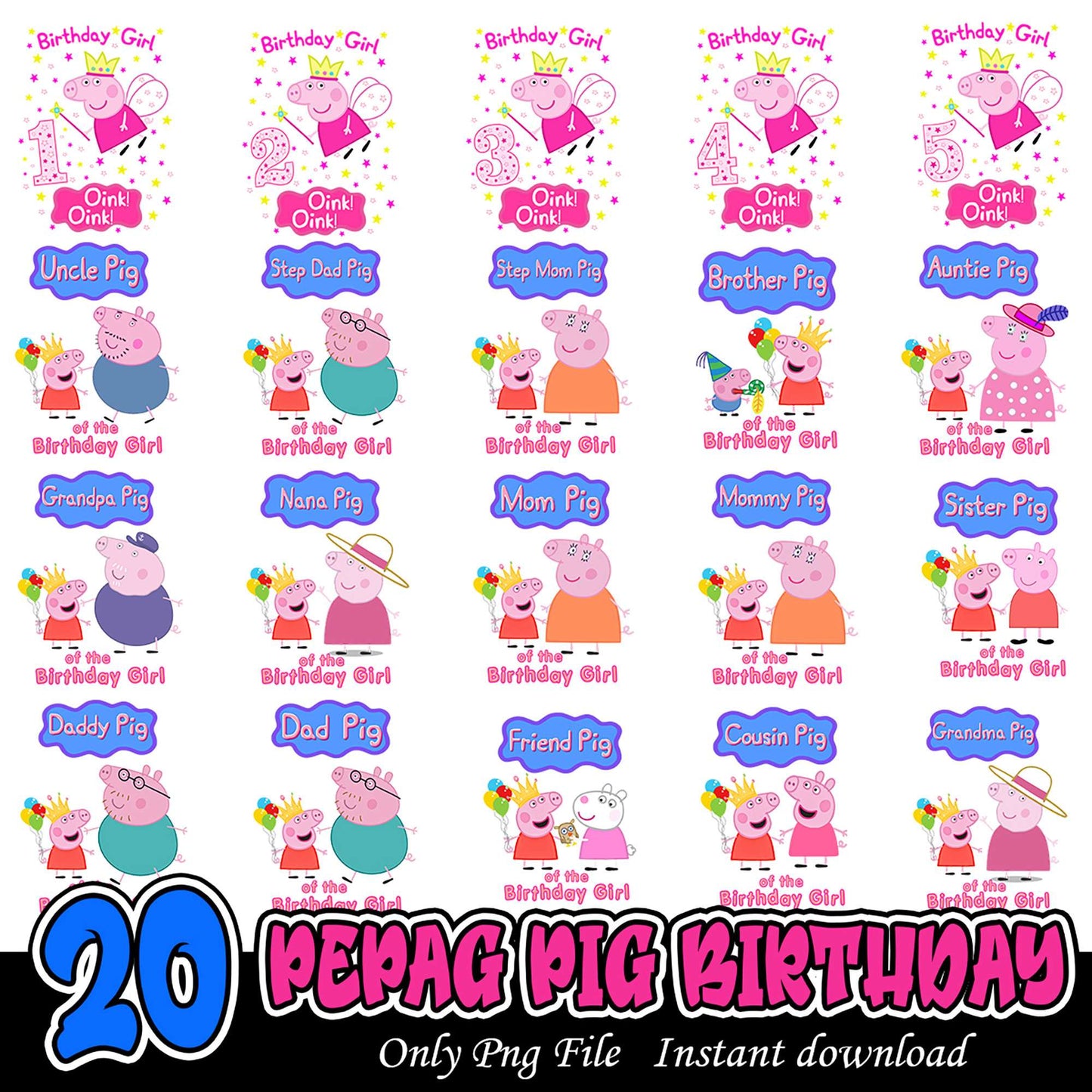20 Peppa Pig Birthday Bundle PNG Instant Download Files