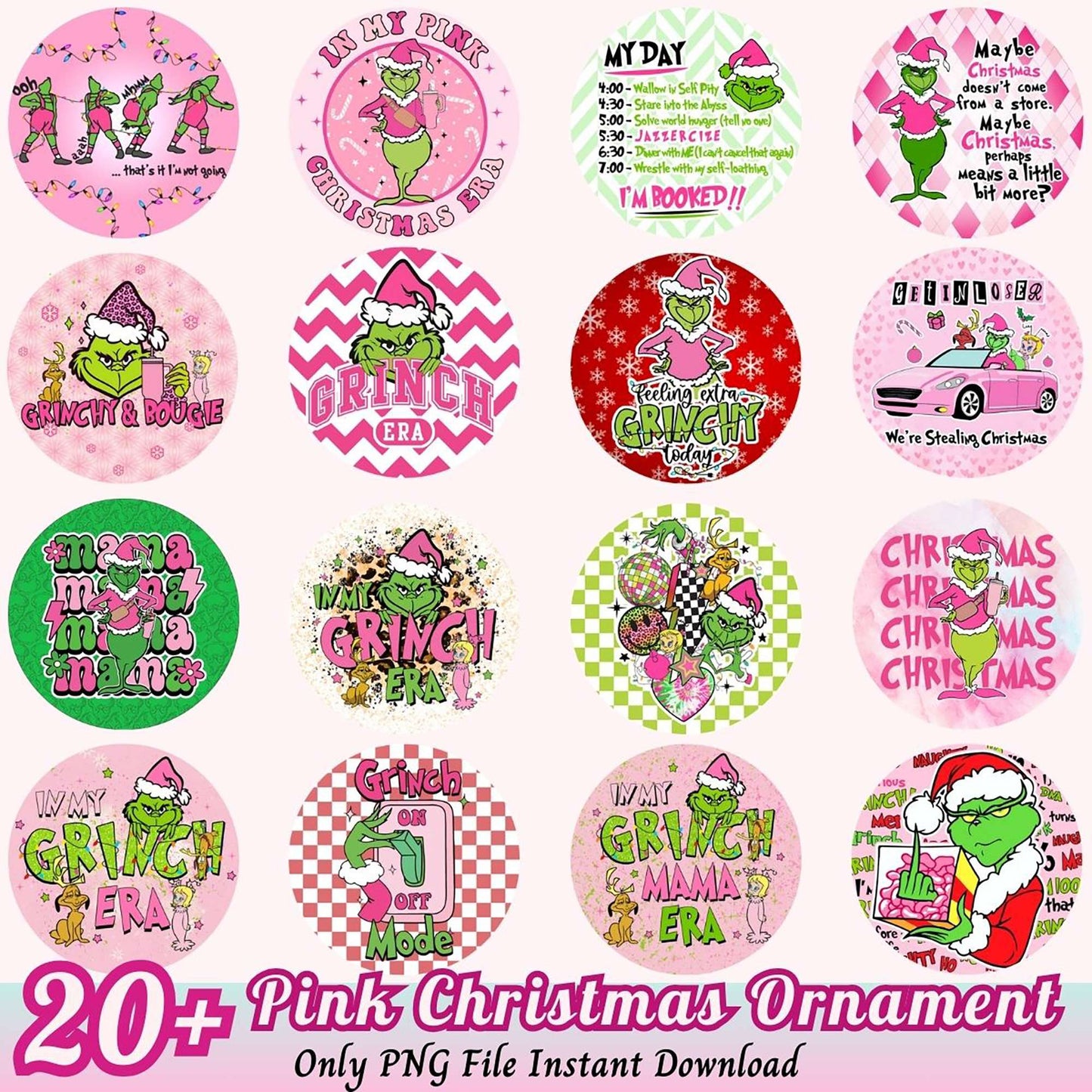 20 Pink Grinch Christmas Ornaments PNG