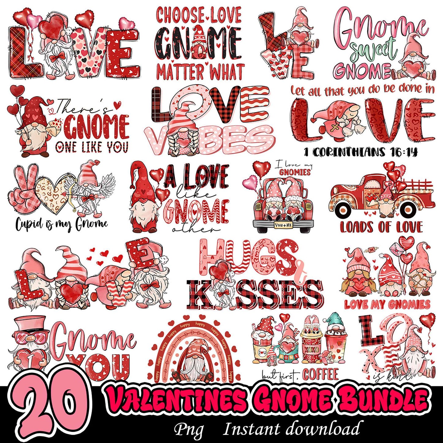 20 Valentines Gnome PNG Bundle