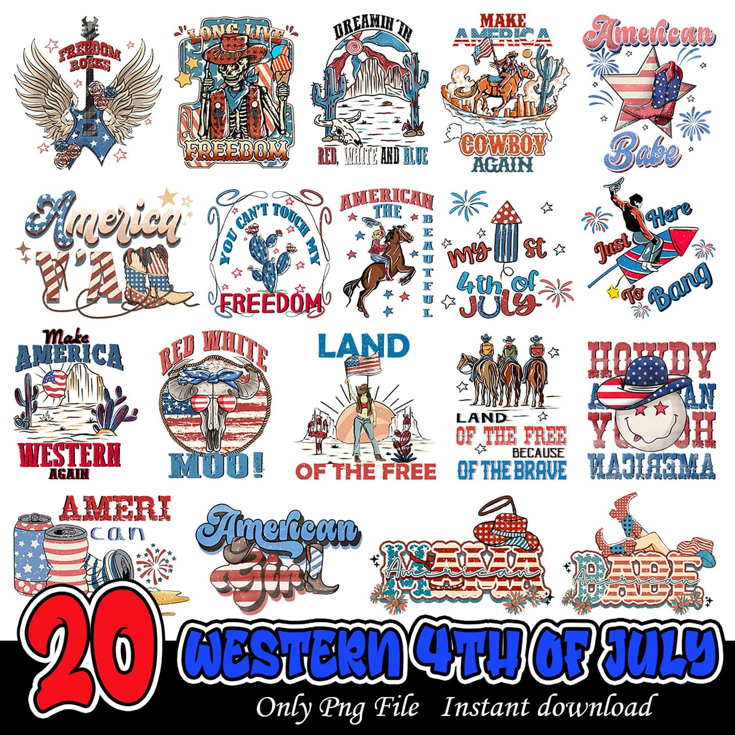 20 Western Style 4th of July Designs Instant Download PNG