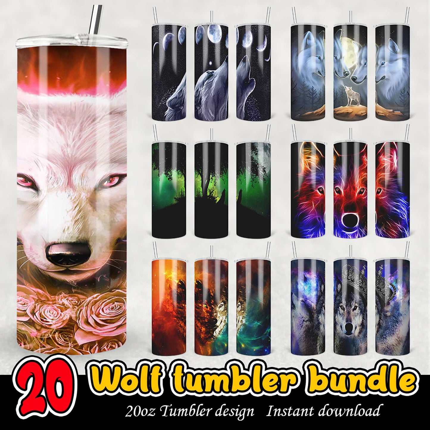 20 Wolf Tumbler Designs PNG Bundle