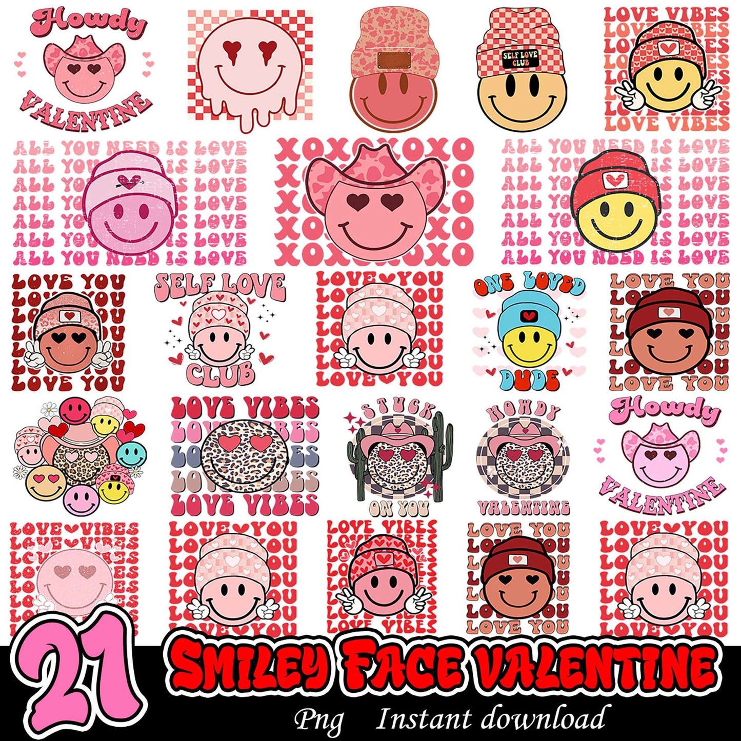 21 Smiley Face Valentine PNGs Instant Download