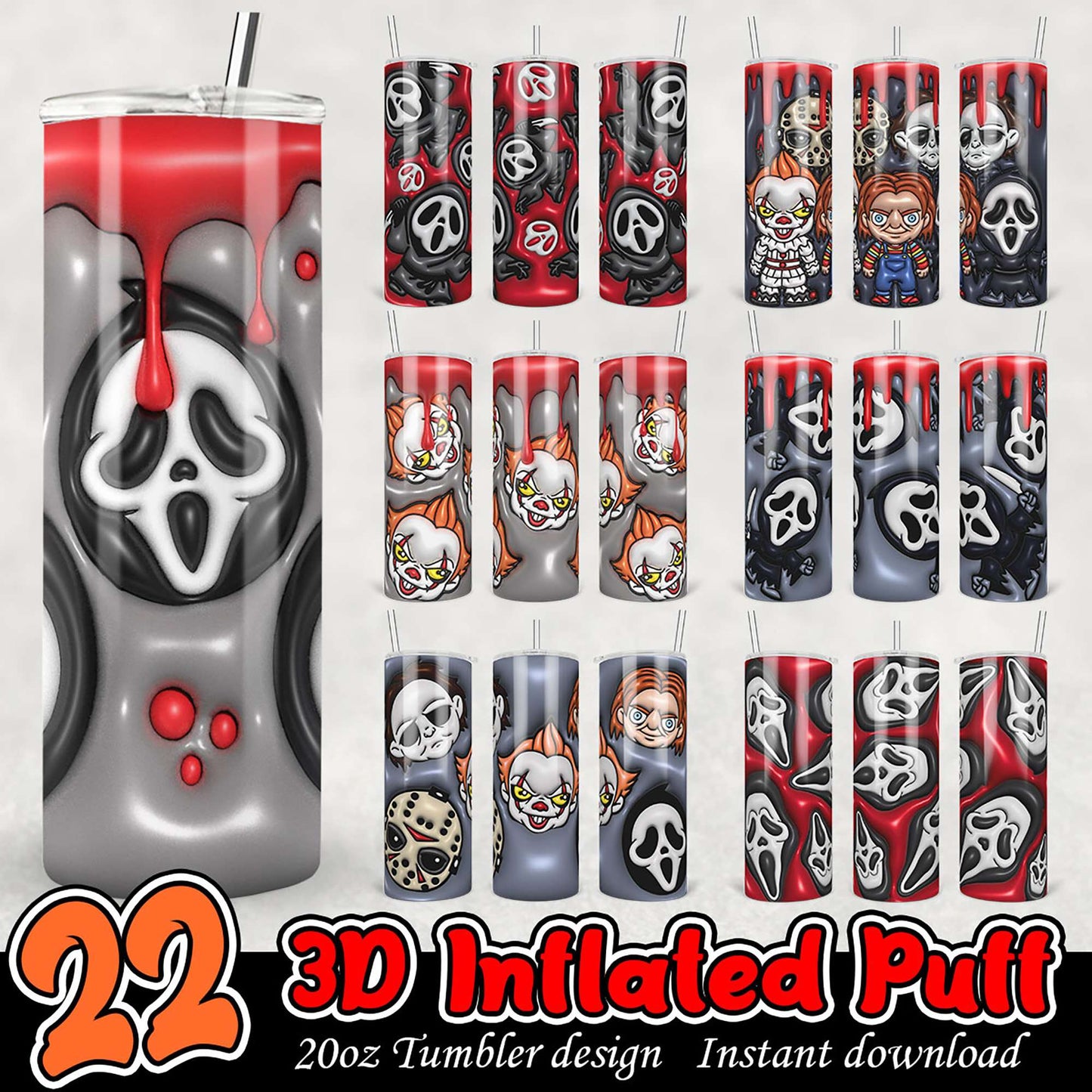 22 Horror Movie 3D Inflated Puff Tumbler Designs