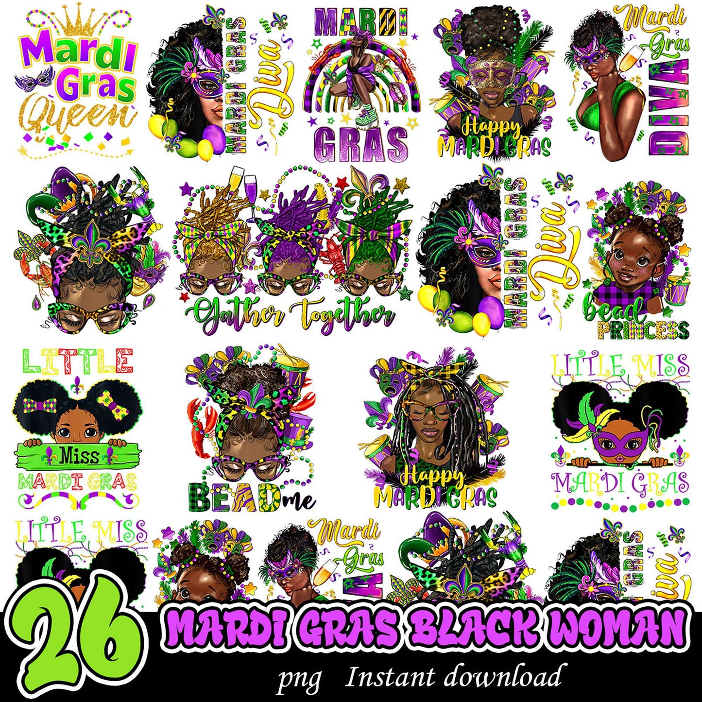 26 Mardi Gras Black Women PNG Bundle