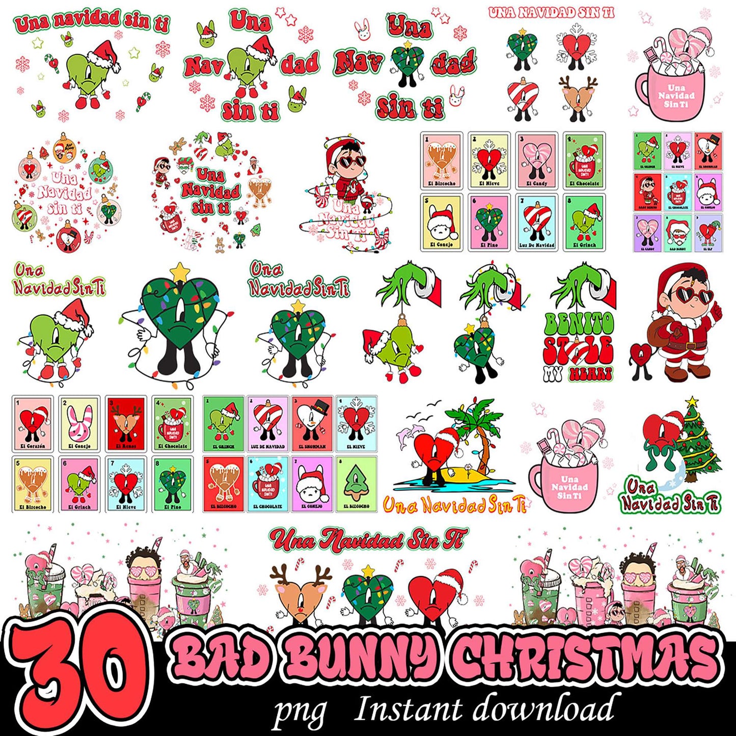 30 Bad Bunny Christmas PNGs Instant Download