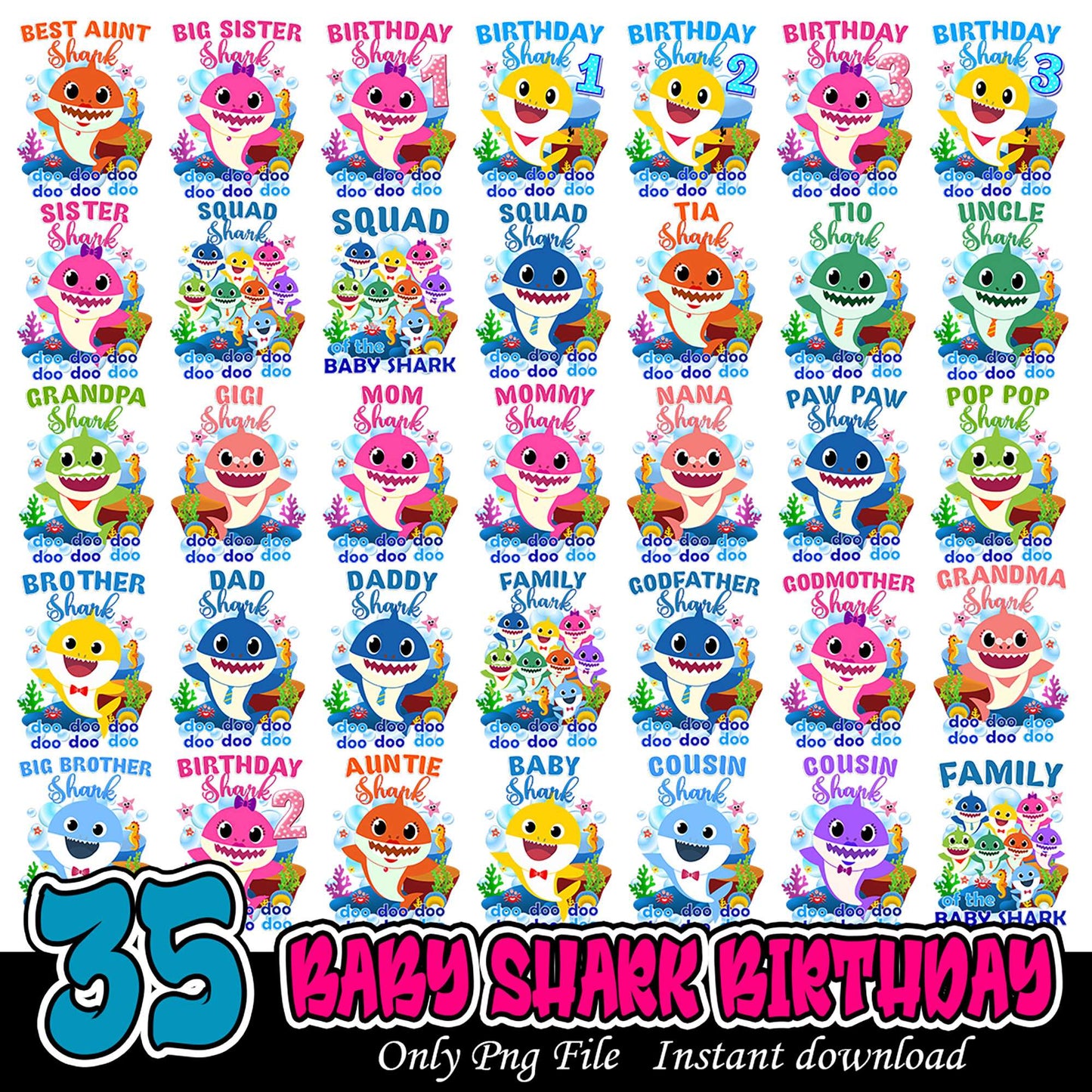 35 Baby Shark Birthday Bundle PNG Instant Download Designs