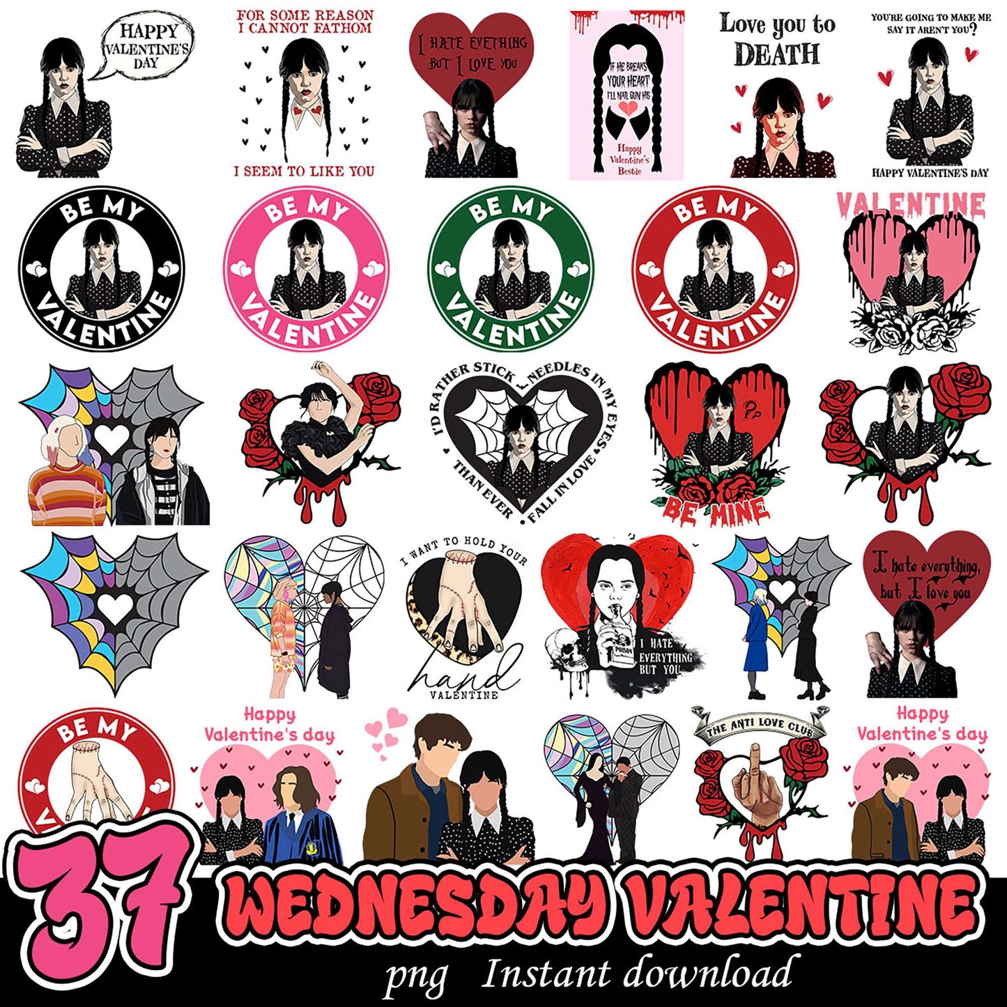 37 Wednesday Valentine PNGs Instant Download