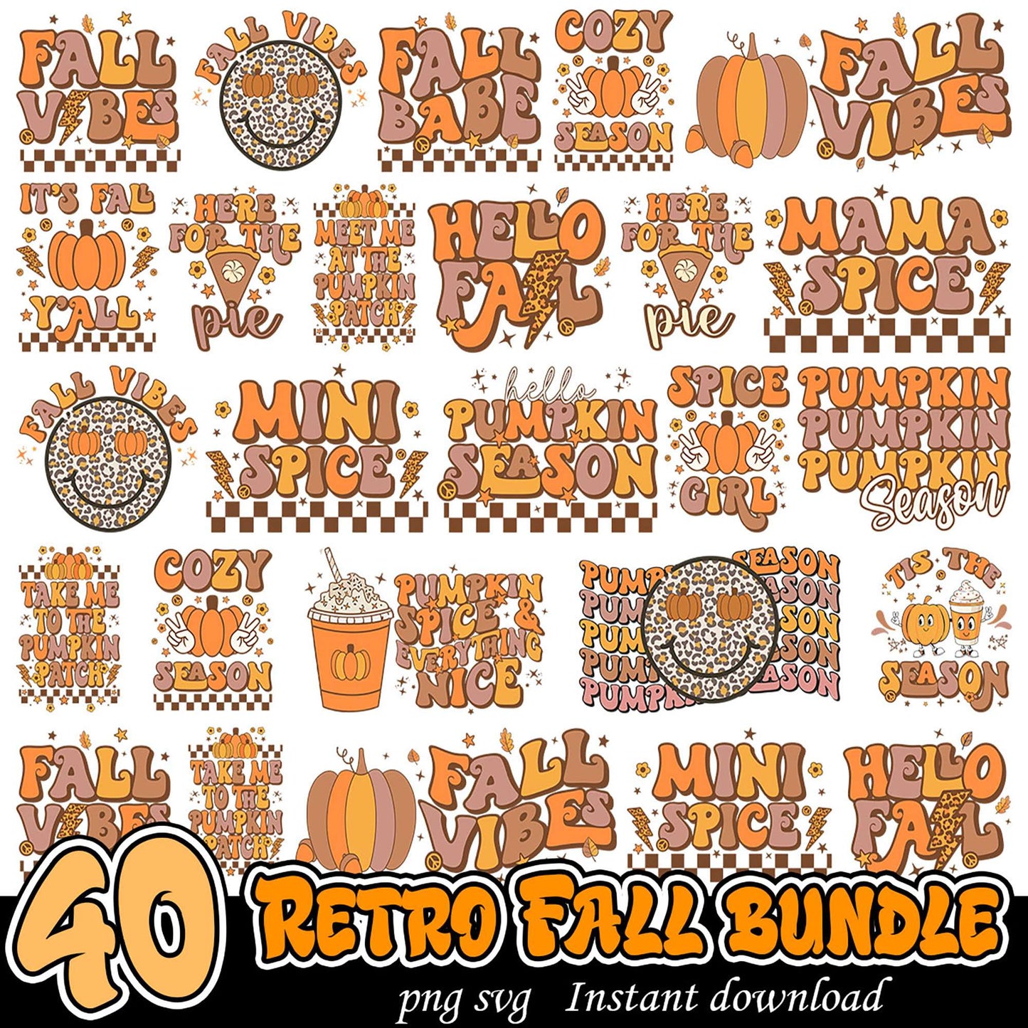 40 Retro Fall PNG SVG Bundle