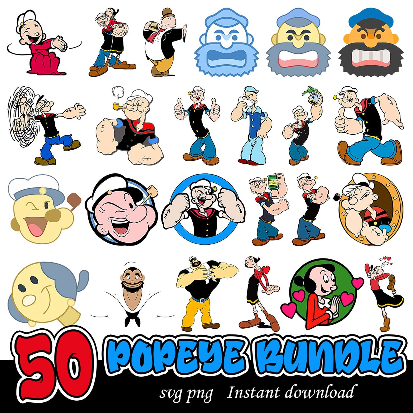 50 Popeye SVG PNG Bundle Instant Download for Creatives