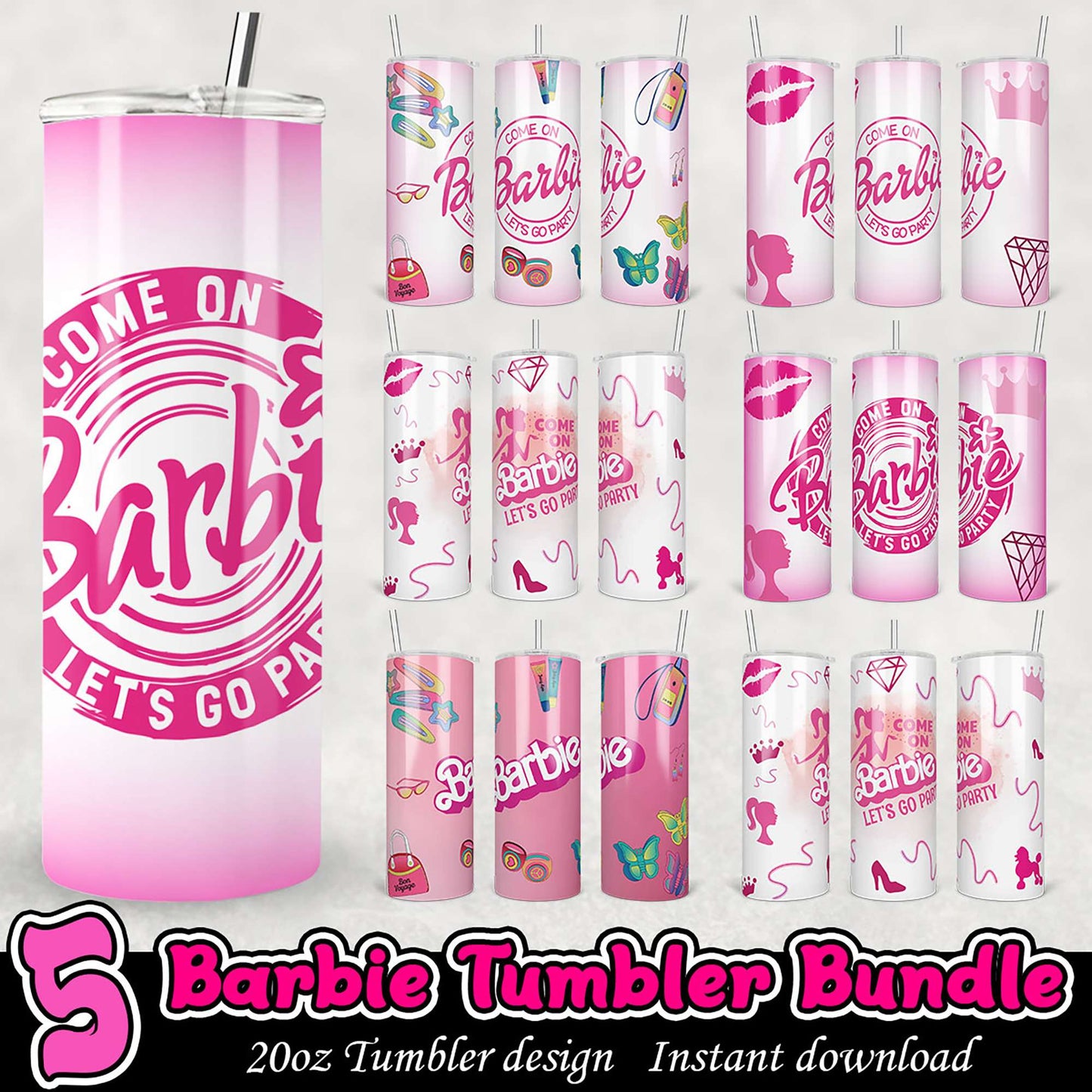 5 Barbie Tumbler Designs PNG Bundle