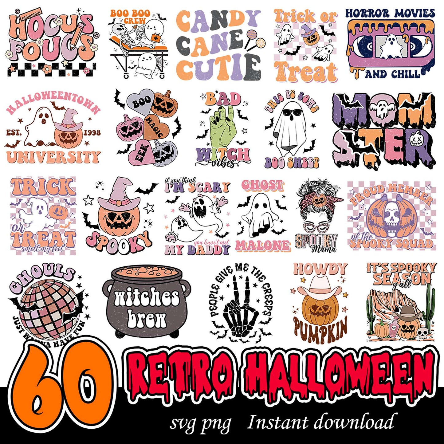 60 Retro Halloween PNG Bundle for Instant Download Fun