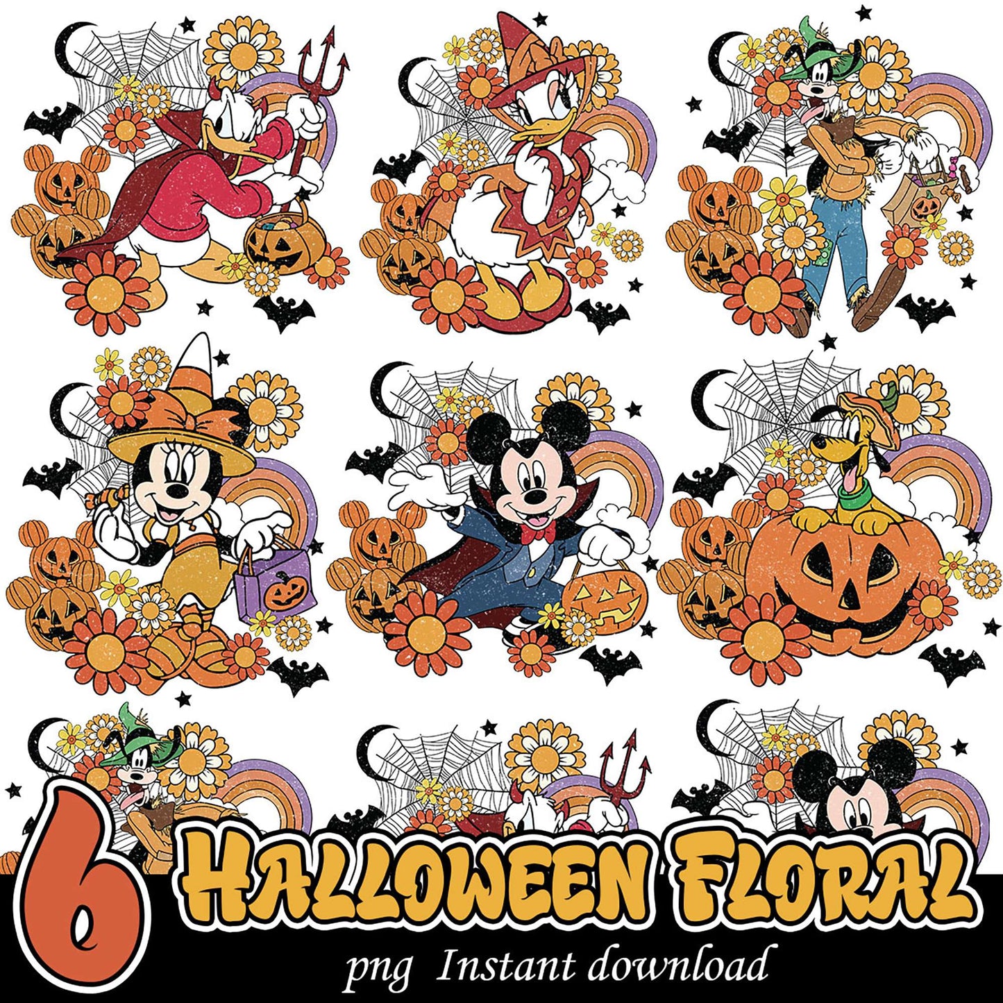 6 Disney Halloween Floral PNGs Instant Download