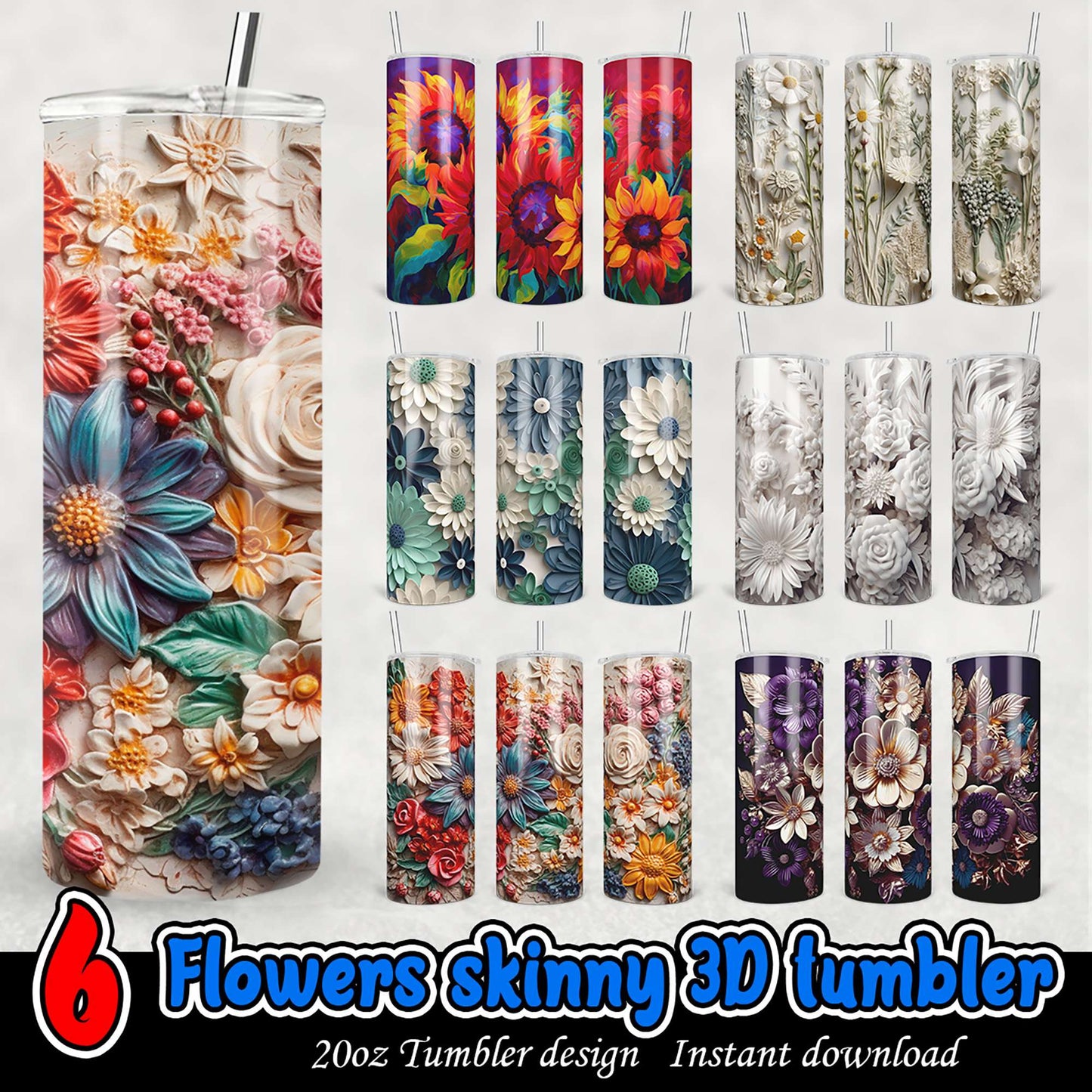 6 Floral Skinny Tumbler Designs PNG