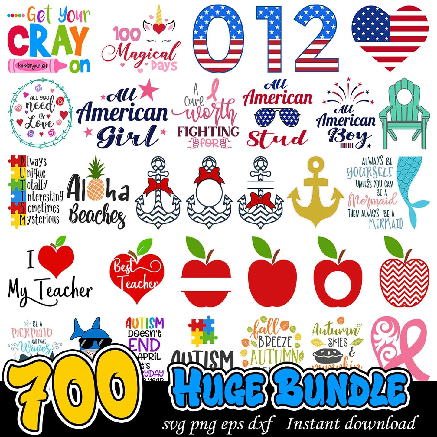 700 SVG Bundle Designs, Quotes, & More