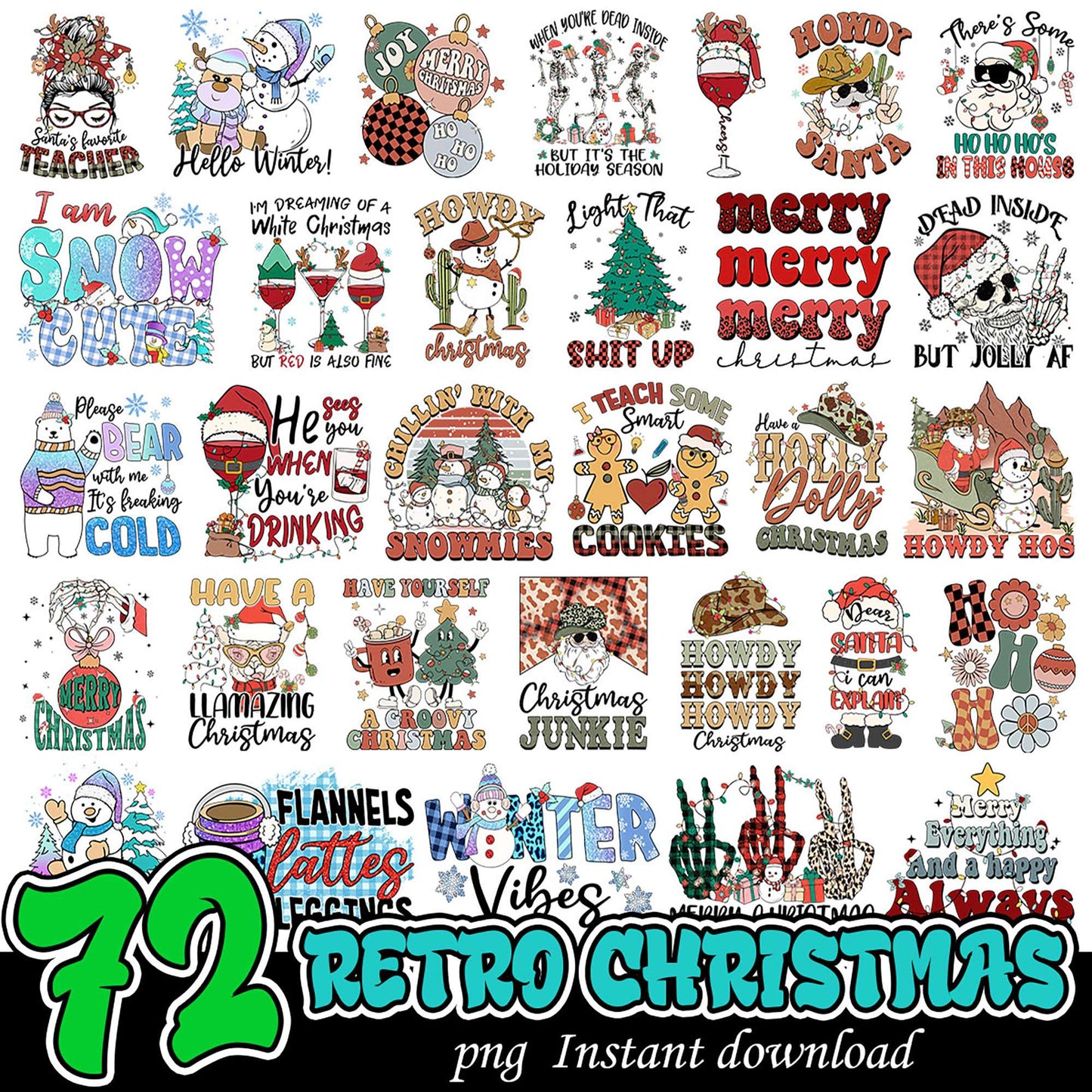 72 Retro Christmas PNG Designs Instant Download
