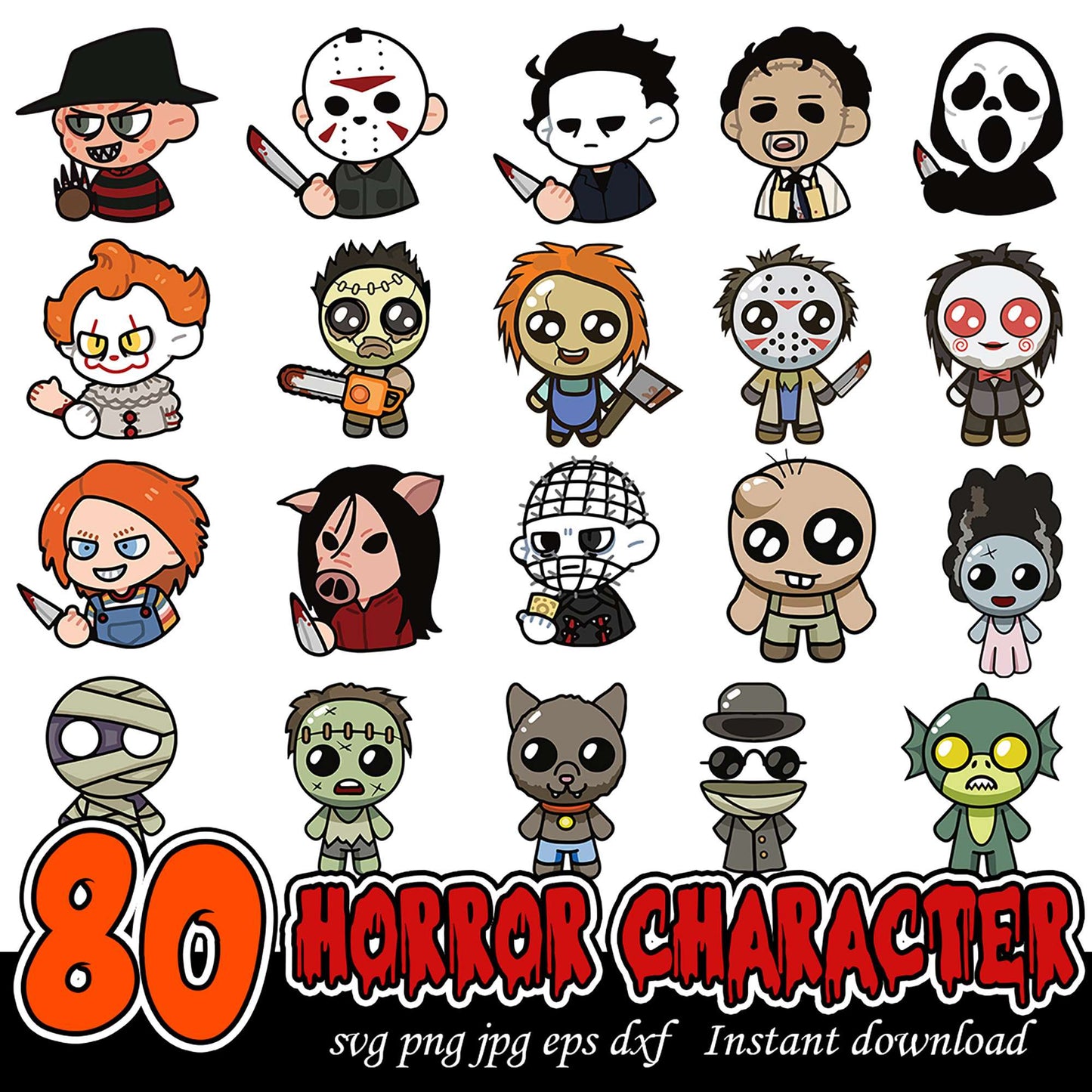80 Horror Character SVG Bundle Instant Download