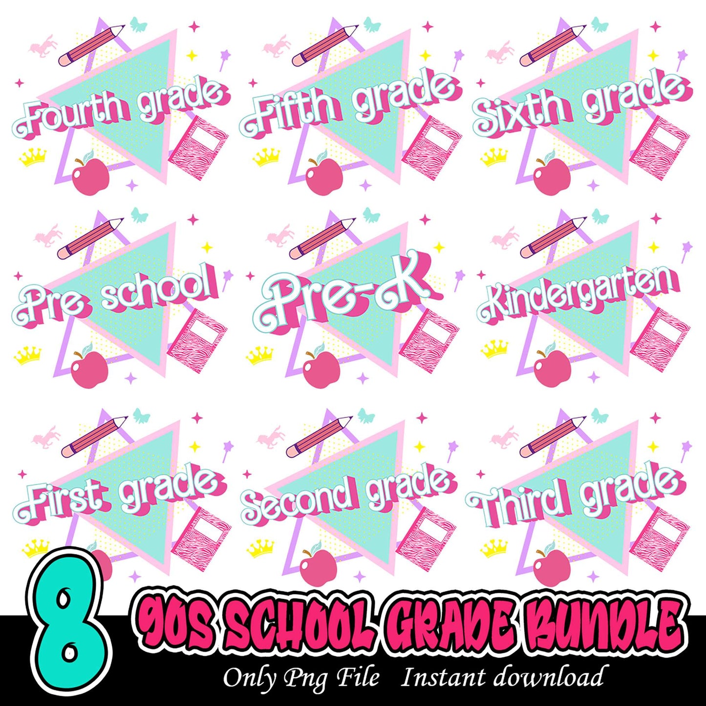 90s School Grade Bundle Eight Colorful PNG Designs Instant Download