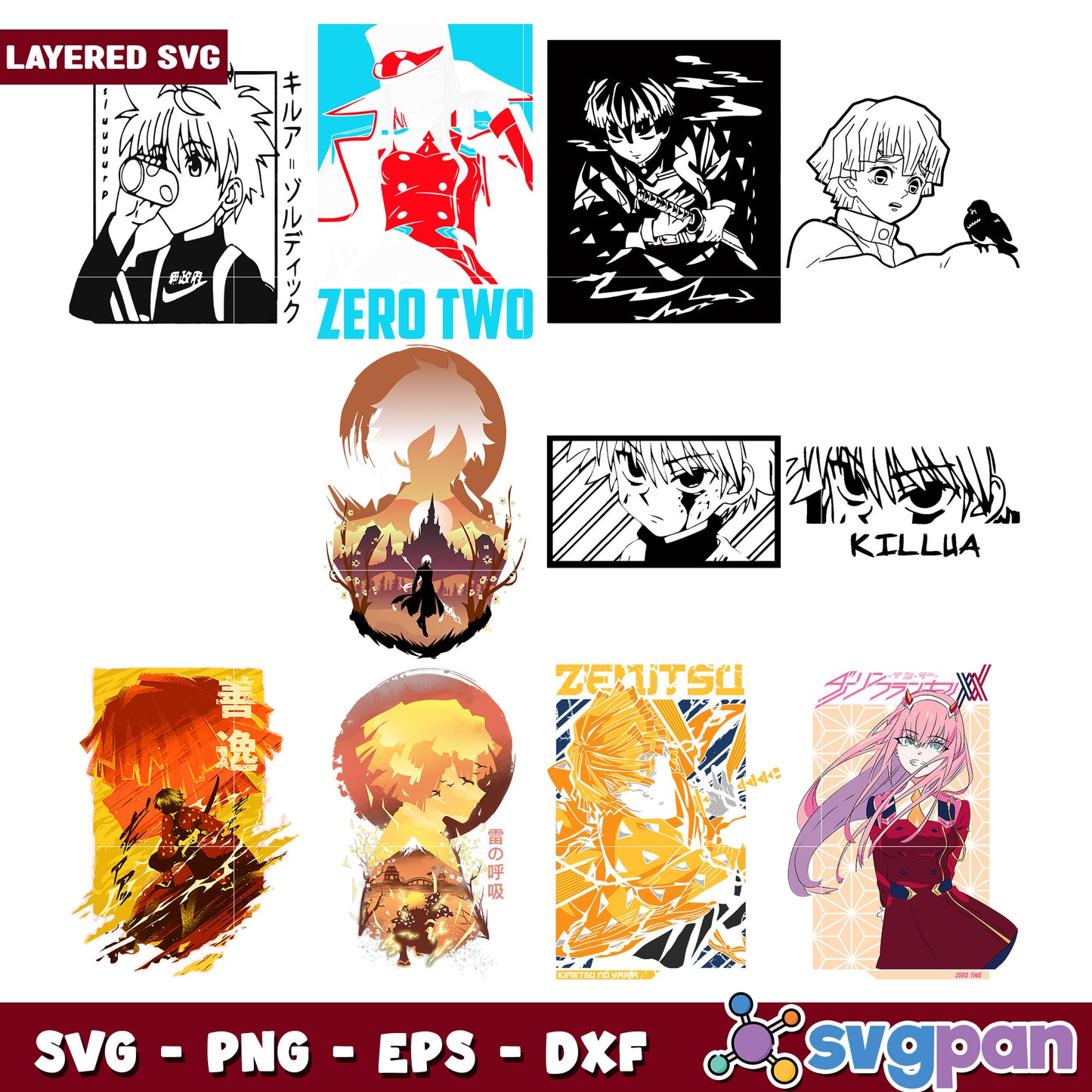 Anime SVG Bundle Killua, Zero Two, Zenitsu