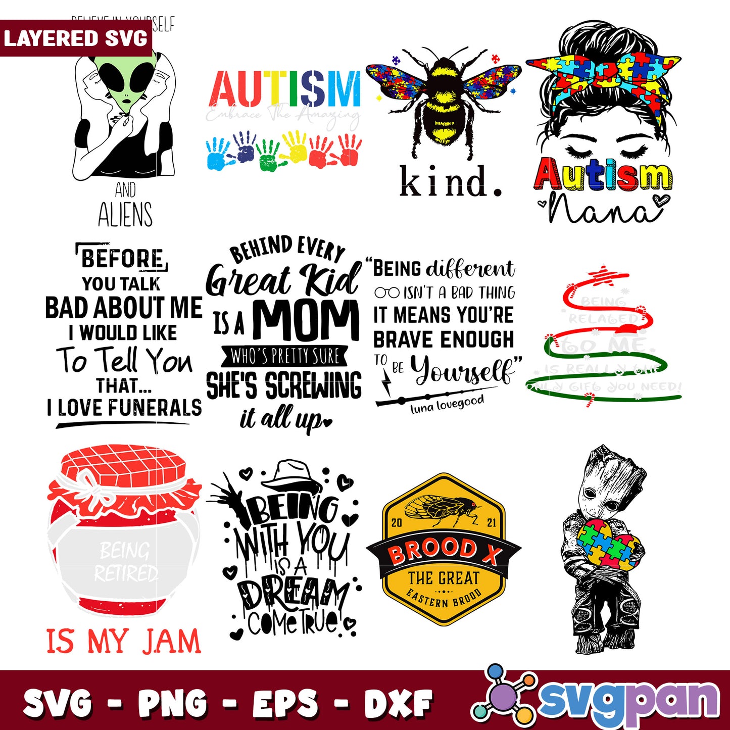 Autism SVG Bundle Mom, Bee, Groot