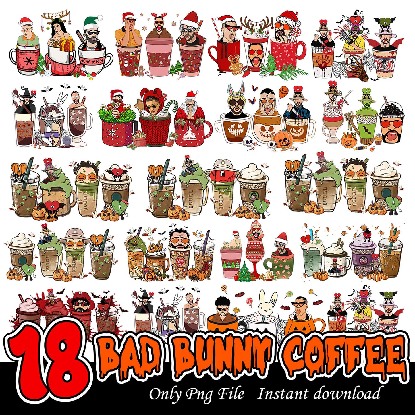 Bad Bunny Coffee PNG Bundle 18 Designs