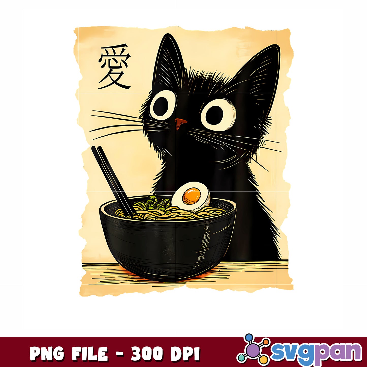 Black cat eating ramen png, cute cat png, playful food design png