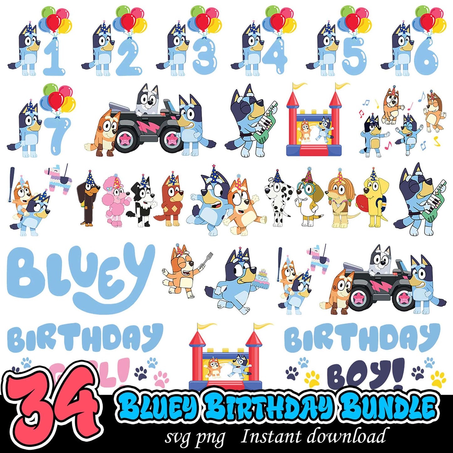 Bluey Birthday SVG Bundle 34 PNG Images