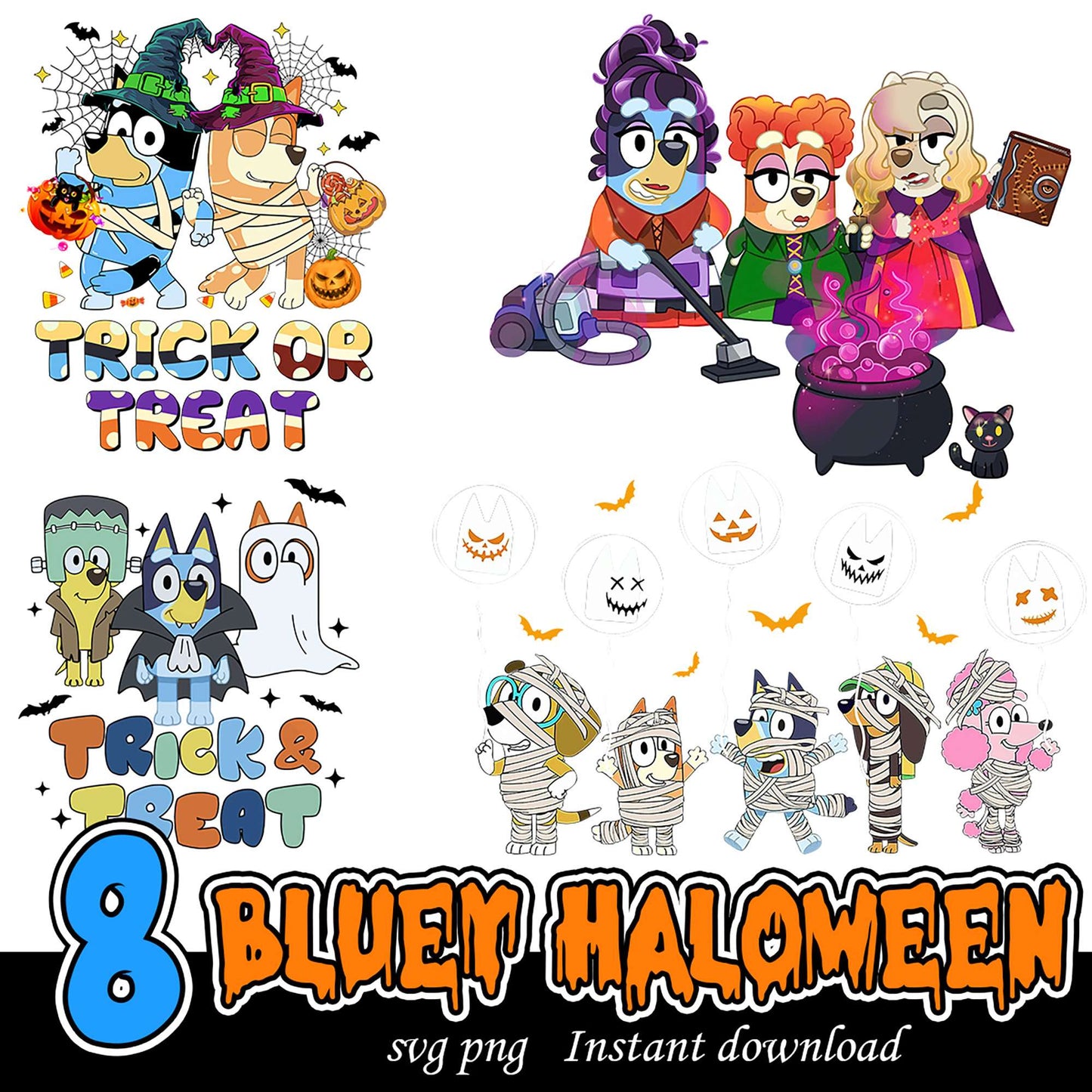 Bluey Halloween Bundle SVG PNG 8 Cute Trick or Treat Designs