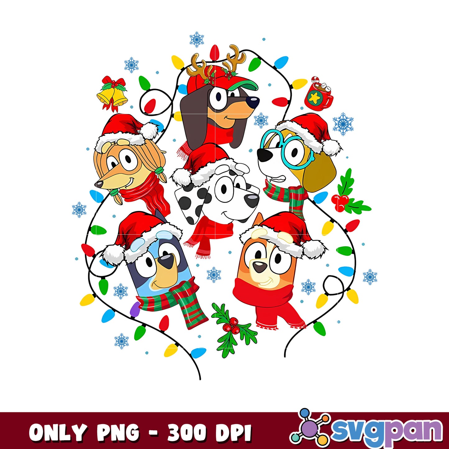 Bluey and family christmas hat png, lights christmas png