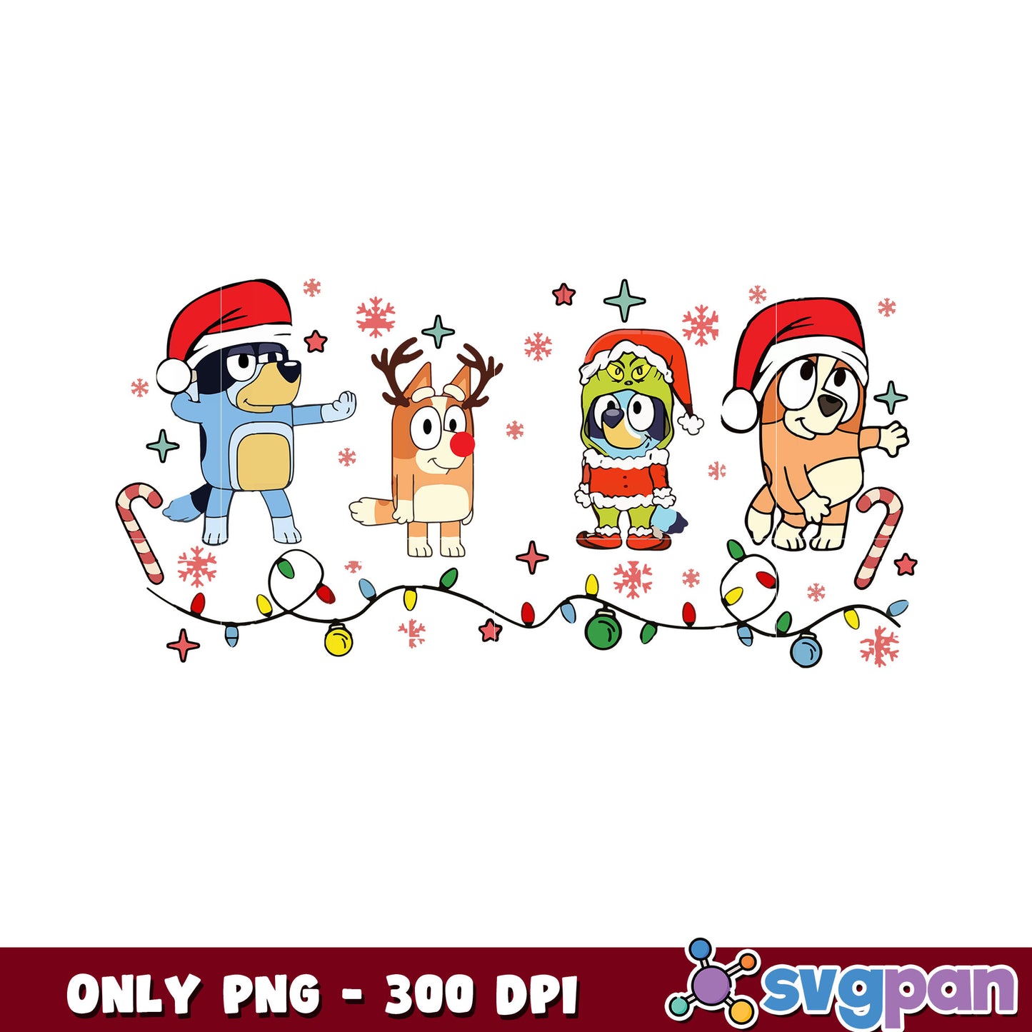 Bluey and friends lights christmas png, grinch christmas hat png