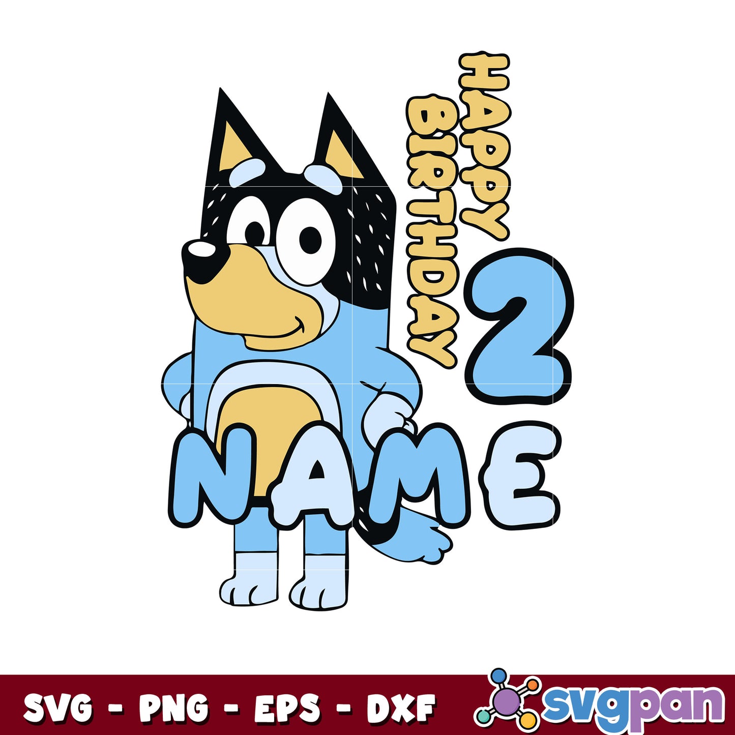 Bluey happy birthday 2 name design svg, bluey character svg