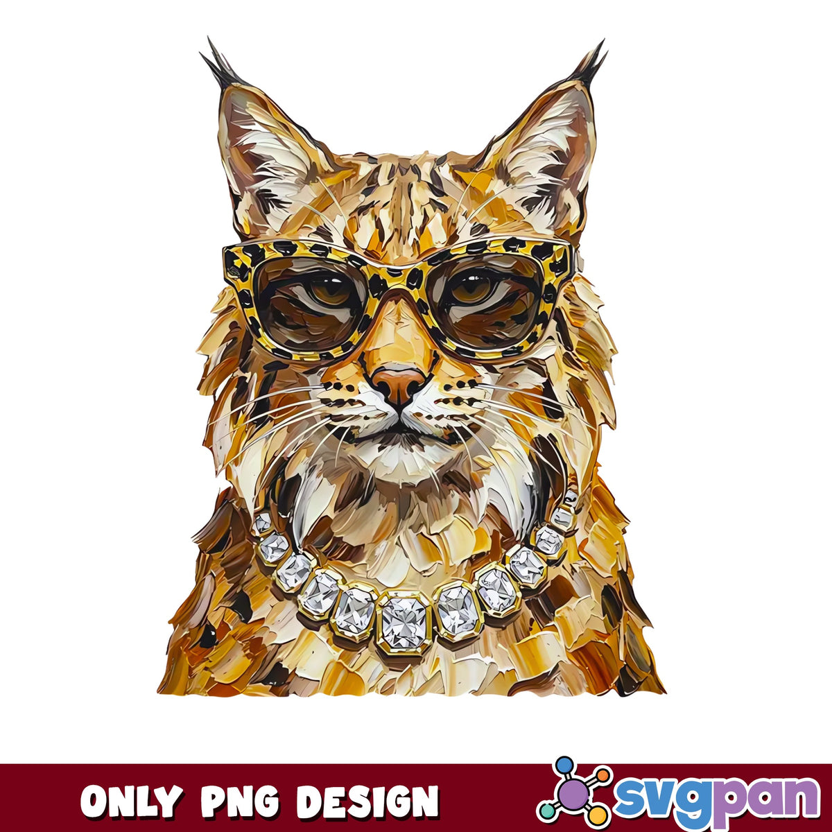 Bobcat With Sunglasses And Diamond Necklace PNG, Lynx PNG, Funny Wild Cat PNG