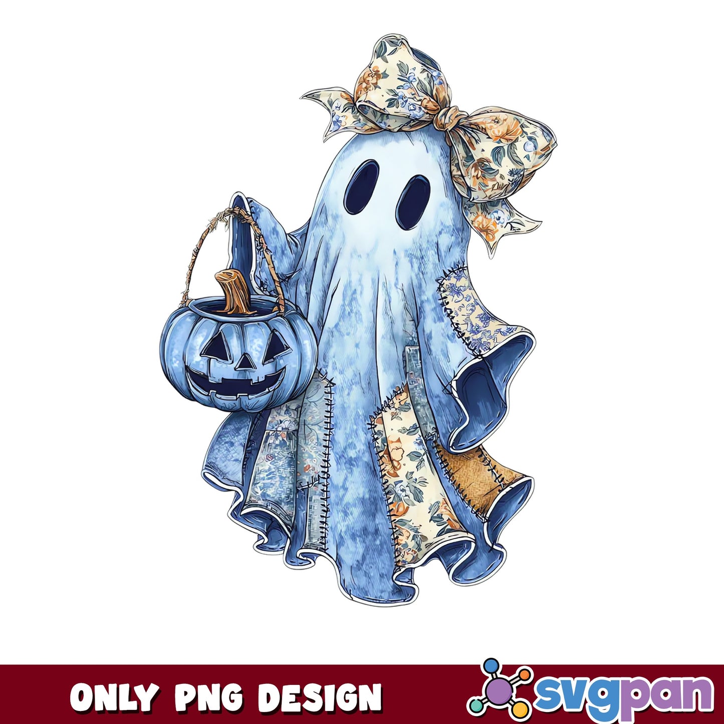 Boho Ghost Halloween PNG, Floral Ghost With Pumpkin PNG, Cute Ghost PNG