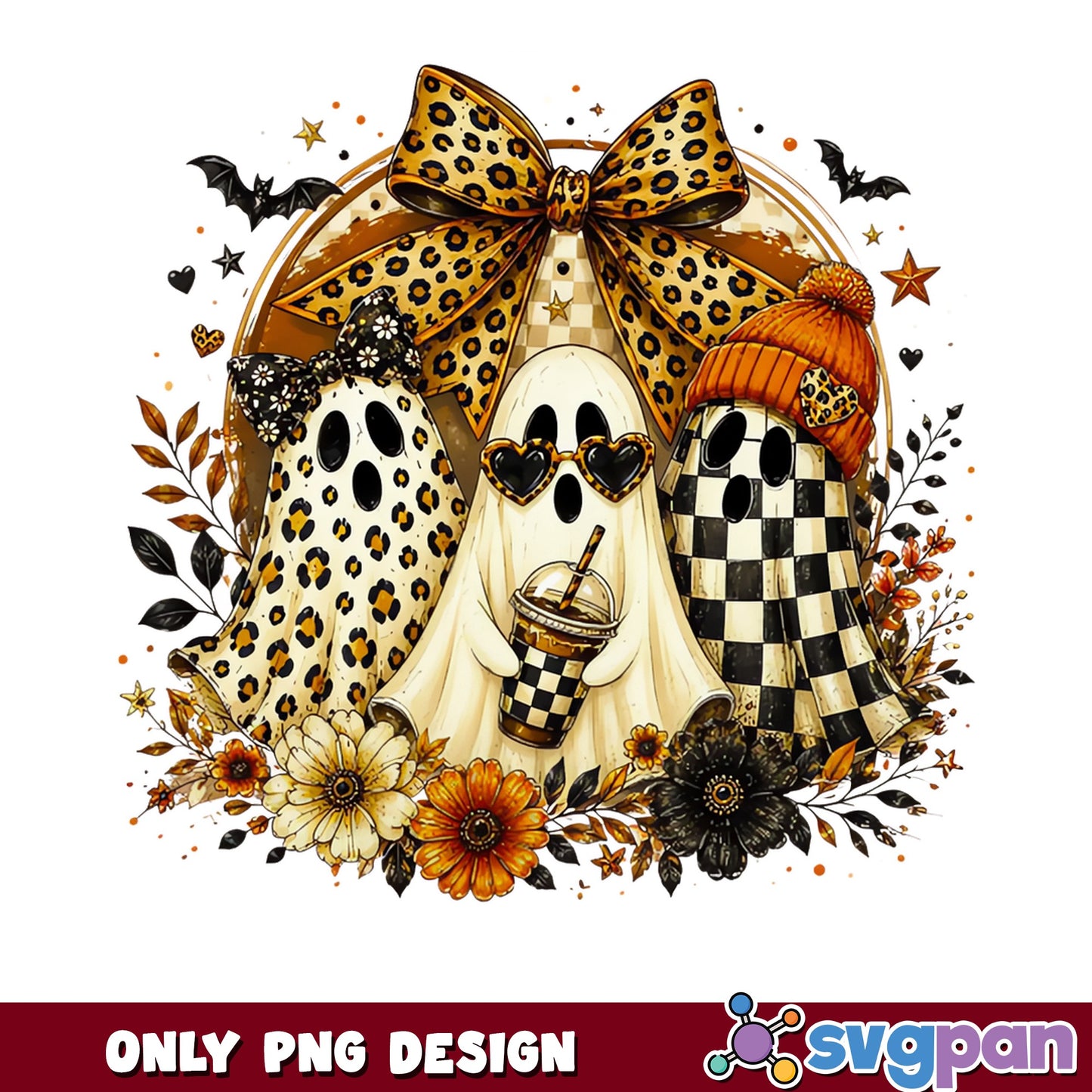 Boho Ghost Halloween PNG, Leopard Checkered Ghost PNG, Spooky PNG