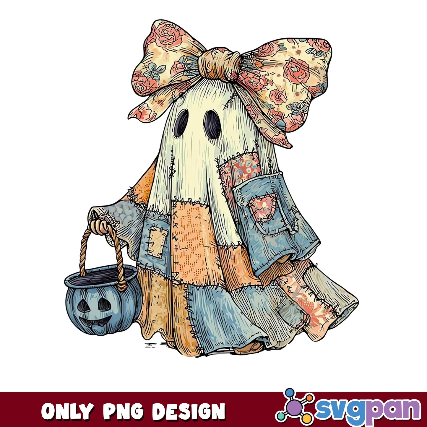 Boho Ghost With Bow PNG, Halloween Ghost PNG, Cute Ghost PNG