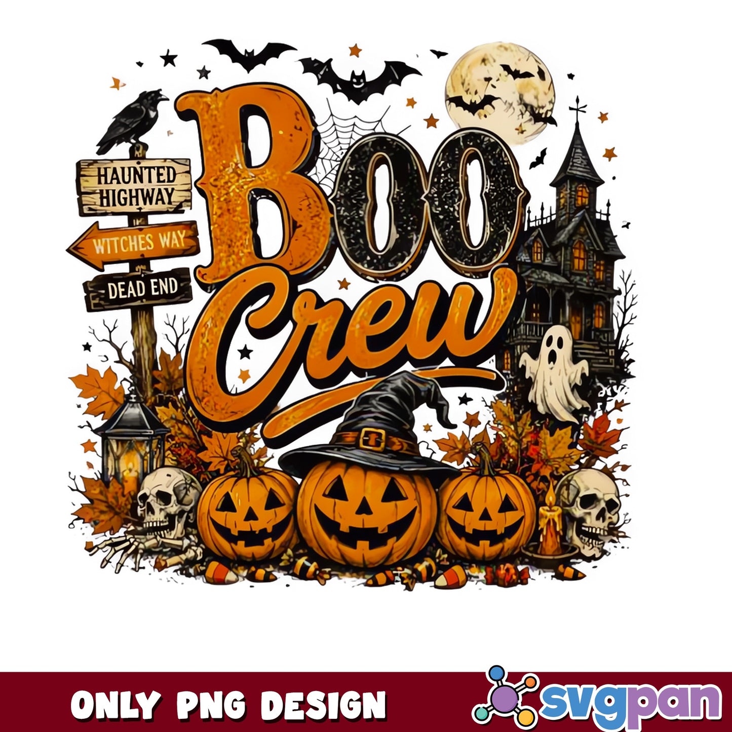 Boo Crew Halloween PNG, Haunted House Pumpkin PNG, Spooky Ghost PNG
