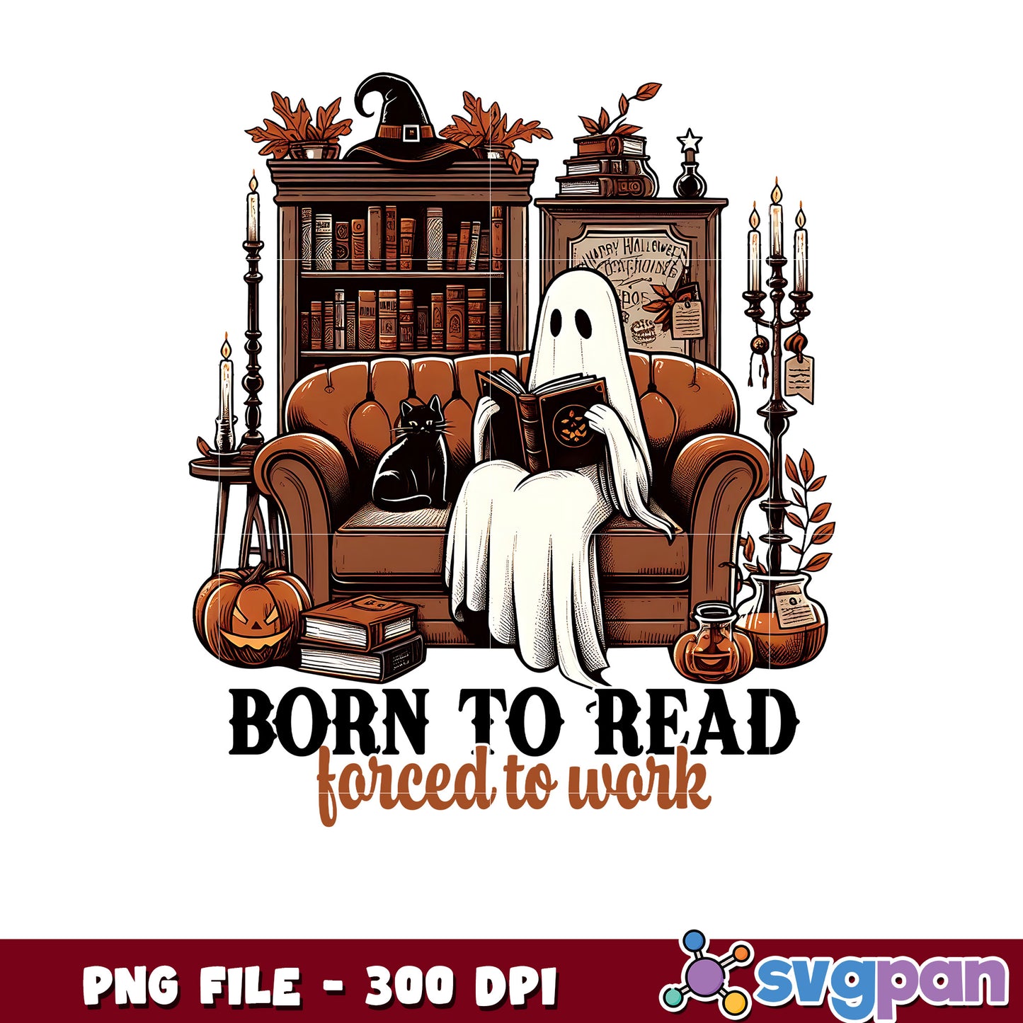 Born to read forced to work png, halloween ghoul png, cute ghost png
