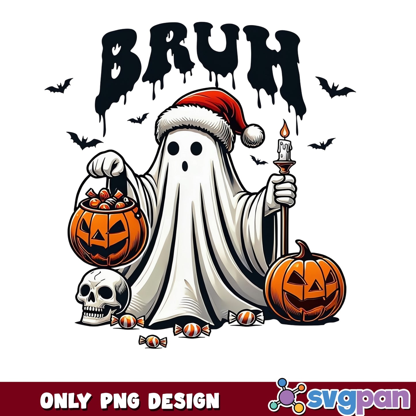 Bruh Ghost Halloween PNG, Santa Hat Ghost PNG, Spooky PNG
